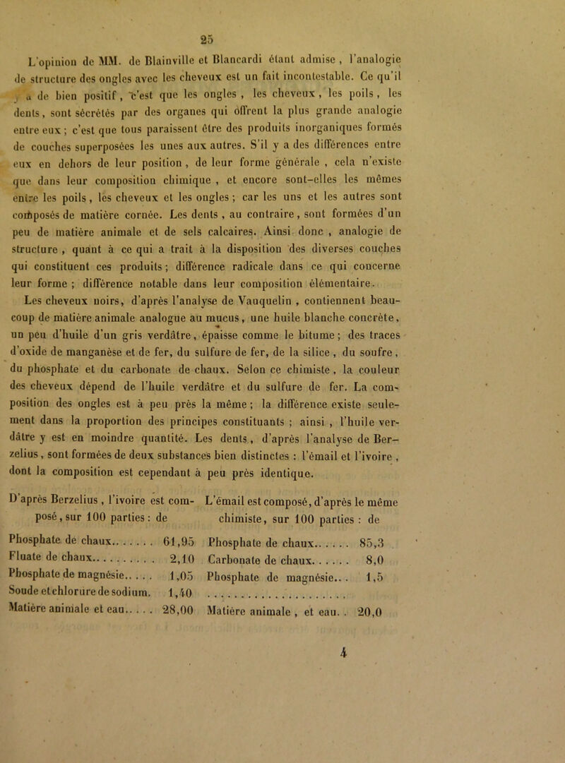 L’opiuioii de MM. de Blainville et Blancardi étant admise , l’analogie de structure des ongles avec les cheveux est un fait incontestable. Ce qu il , a de bien positif, Vest que les ongles , les cheveux , les poils , les dents, sont sécrétés par des organes qui ôflrent la plus grande analogie entre eux ; c’est que tous paraissent être des produits inorganiques formés de couches superposées les unes aux autres. S’il y a des différences entre eux en dehors de leur position , de leur forme générale , cela n’existe que dans leur composition chimique , et encore sont-elles les mêmes entre les poils, les cheveux et les ongles ; car les uns et les autres sont coifjposés de matière cornée. Les dents , au contraire, sont formées d’un peu de matière animale et de sels calcaires. Ainsi donc , analogie de structure , quant à ce qui a trait à la disposition des diverses couches qui constituent ces produits ; différence radicale dans ce qui concerne leur forme ; différence notable dans leur composition élémentaire. Les cheveux noirs, d’après l’analyse de Vauquelin , contiennent beau- coup de matière animale analogue au mucus, une huile blanche concrète, un peu d’huile d’un gris verdâtre, épaisse comme le bitume; des traces d’oxide de manganèse et de fer, du sulfure de fer, de la silice , du soufre, du phosphate et du carbonate de chaux. Selon ce chimiste , la couleur des cheveux dépend de l’huile verdâtre et du sulfure de fer. La corn- position des ongles est à peu près la même ; la différence existe seule- ment dans la proportion des principes constituants ; ainsi , l’huile ver- dâtre y est en moindre quantité. Les dents, d’après l’analyse de Ber- zelius, sont formées de deux substances bien distinctes : l’émail et l’ivoire , dont la composition est cependant à peu près identique. D’après Berzelius, l’ivoire est corn- L’émail est composé, d’après le même posé, sur 100 parties: de chimiste, sur 100 parties : de Phosphate de chaux 61,95 Phosphate de chaux 85,3 Fluate de chaux 2,10 Carbonate de chaux 8,0 Phosphate de magnésie Soude etchlorure de sodium. 1,05 1,40 Phosphate de magnésie.. . 1,5 Matière animale et eau 28,00 Matière animale , et eau. . 20,0 4