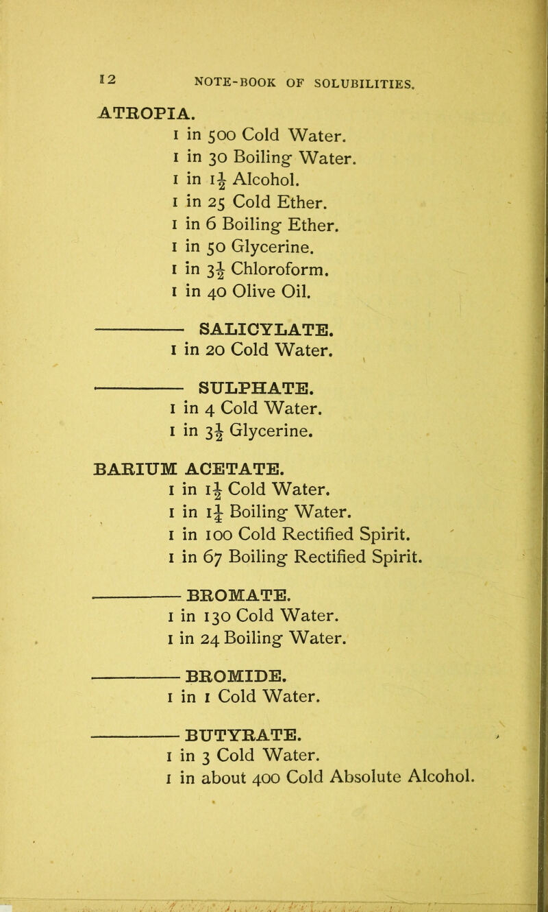 ATROPIA. i in 500 Cold Water. 1 in 30 Boiling- Water. 1 in ii Alcohol. 1 in 25 Cold Ether. 1 in 6 Boiling Ether. 1 in 50 Glycerine. 1 in 3J Chloroform. 1 in 40 Olive Oil. —— SALICYLATE. I in 20 Cold Water. * SULPHATE. 1 in 4 Cold Water. 1 in 3| Glycerine. BARIUM ACETATE. 1 in 1^ Cold Water. 1 in 1 \ Boiling Water. 1 in 100 Cold Rectified Spirit. 1 in 67 Boiling Rectified Spirit. BROMATE. 1 in 130 Cold Water. 1 in 24 Boiling Water. BROMIDE. 1 in 1 Cold Water. -——— BUTYRATE. 1 in 3 Cold Water. 1 in about 400 Cold Absolute Alcohol.