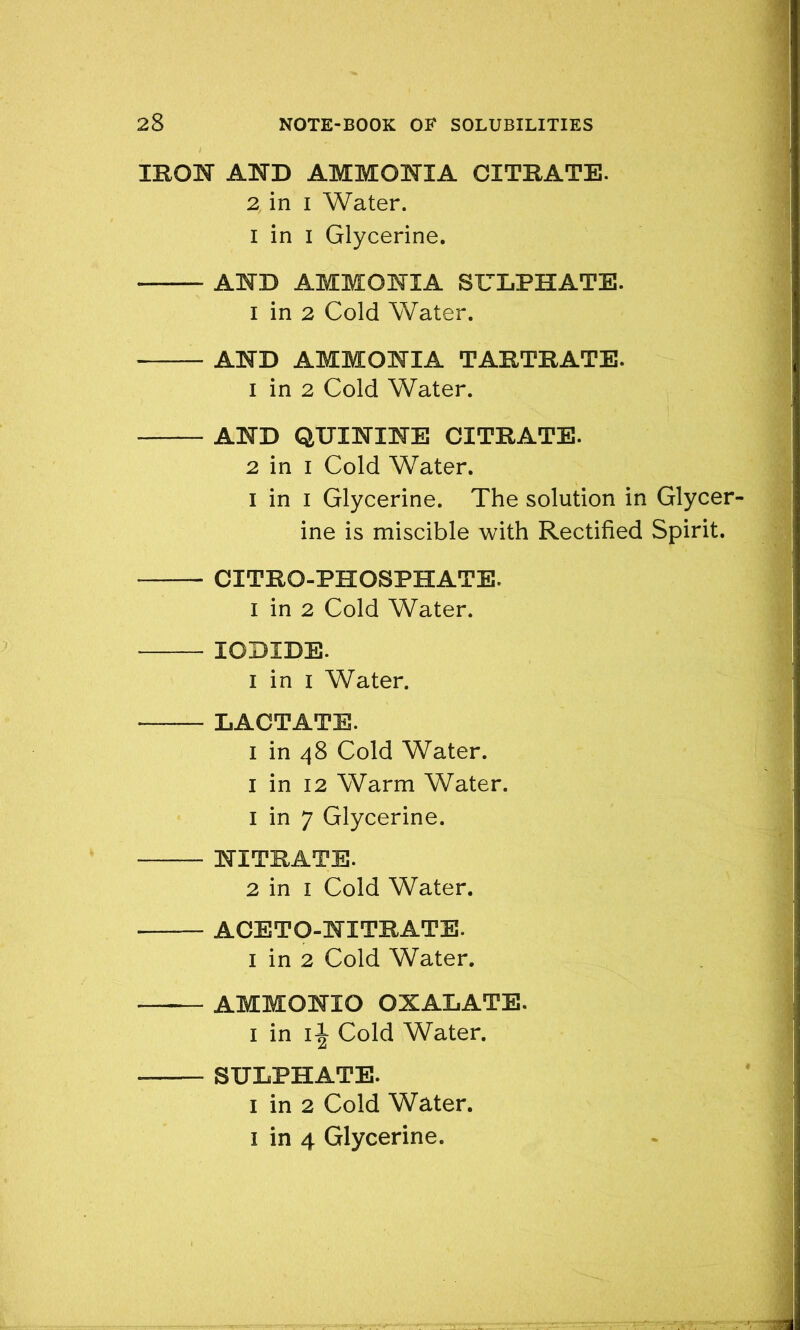 IRON AND AMMONIA CITRATE. 2 in i Water. I in I Glycerine. • AND AMMONIA SULPHATE. i in 2 Cold Water. AND AMMONIA TARTRATE. 1 in 2 Cold Water. AND QUININE CITRATE. 2 in i Cold Water. i in i Glycerine. The solution in Glycer- ine is miscible with Rectified Spirit. CITRO-PHOSPHATE. I in 2 Cold Water. ■ IODIDE. I in i Water. LACTATE. i in 48 Cold Water. 1 in 12 Warm Water. 1 in 7 Glycerine. • NITRATE. 2 in 1 Cold Water. ACETO-NITRATE. 1 in 2 Cold Water. — AMMONIO OXALATE. 1 in i| Cold Water. SULPHATE. 1 in 2 Cold Water. 1 in 4 Glycerine.