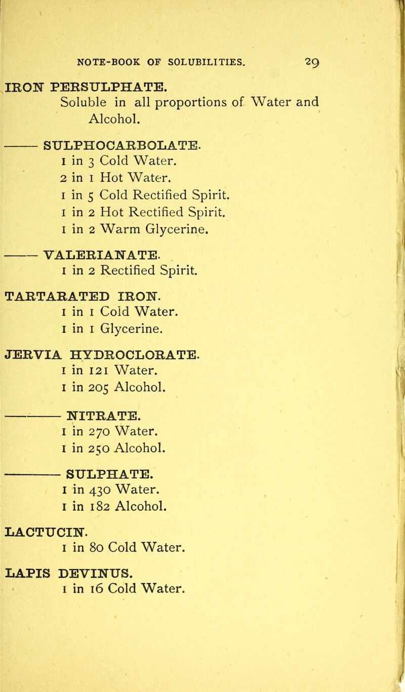 IRON PERSULPHATE. Soluble in all proportions of Water and Alcohol. SULPHOCARBOLATE. 1 in 3 Cold Water. 2 in 1 Hot Water. 1 in 5 Cold Rectified Spirit. 1 in 2 Hot Rectified Spirit. 1 in 2 Warm Glycerine. — VALERIANATE. 1 in 2 Rectified Spirit. TARTARATED IRON. 1 in 1 Cold Water. 1 in 1 Glycerine. JERVIA HYDROCLORATE. I in 121 Water. 1 in 205 Alcohol. NITRATE. 1 in 270 Water. I in 250 Alcohol. — SULPHATE. I in 430 Water. 1 in 182 Alcohol. LACTUCIN. 1 in 80 Cold Water. LAPIS DEVINUS.
