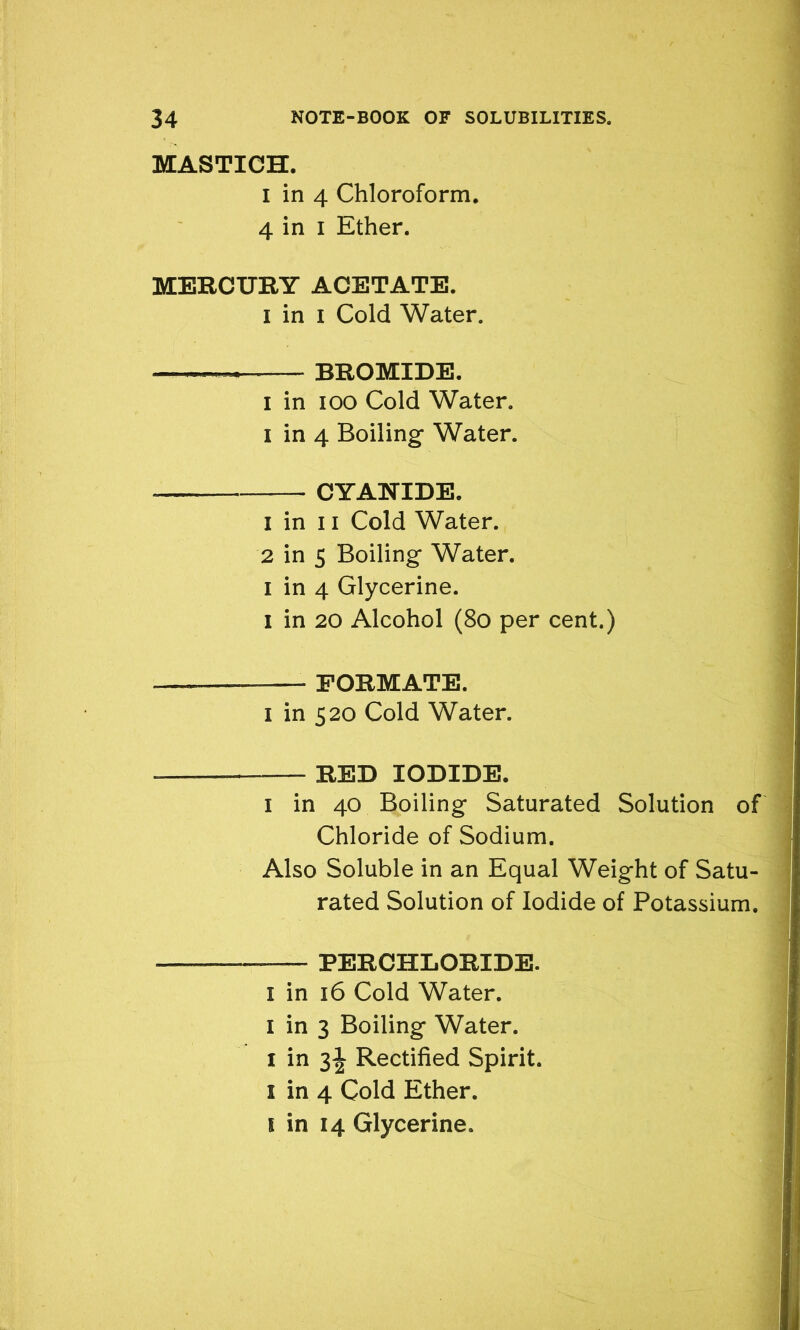 MA3TICH. I in 4 Chloroform. 4 in i Ether. MERCURY ACETATE. i in i Cold Water. — — BROMIDE. i in ioo Cold Water, i in 4 Boiling Water. —— CYANIDE. 1 in 11 Cold Water. 2 in 5 Boiling Water, i in 4 Glycerine. i in 20 Alcohol (8o per cent.) — FORMATE, i in 520 Cold Water. -———-—- RED IODIDE. 1 in 40 Boiling Saturated Solution of Chloride of Sodium. Also Soluble in an Equal Weight of Satu- rated Solution of Iodide of Potassium. _—PERCHLORIDE. I in 16 Cold Water. 1 in 3 Boiling Water. 1 in 3! Rectified Spirit. 1 in 4 Cold Ether.