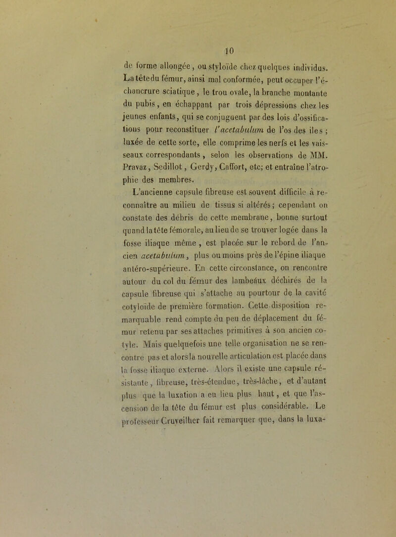 (le lorme allongée , ou styloïde chez quelques individus. La têtedu fémur, ainsi mal conformée, peut occuper l’é- chancrure sciatique , le trou ovale, la branche montante du pubis, en échappant par trois dépressions chez les jeunes enfants, qui se conjuguent par des lois d’ossifica- tions pour reconstituer ïqcetabulum de l’os des des ; luxée de cette sorte, elle comprime les nerfs et les vais- seaux correspondants , selon les observations de MM. Pravaz, Sedillot, Gerdy, Caffort, etc; et entraîne l’atro- phie des membres. L’ancienne capsule fibreuse est souvent difficile à re- connaître au milieu de tissus si altérés; cependant on constate des débris de cette membrane, bonne surtout quand latéte fémorale, au lieude se trouver logée dans la fosse iliaque même , est placée sur le rebord de l’an- cien acetabulum, plus ou moins près de l’épine iliaque antéro-supérieure. En cette circonstance, on rencontre autour du col du fémur des lambeéux déchirés de la capsule fibreuse qui s’attache au pourtour de la cavité cotyloïde de première formation. Cette disposition re- marquable rend compte du peu de déplacement du fé- mur retenu par ses attaches primitives à son ancien co- tyle. Mais quelquefois une telle organisation ne se ren- contre pas et alors la nouvelle articulation est placée dans la fosse iliaque externe. Alors il existe une capsule ré- sistante, fibreuse, très-étendue, très-lâche, et d’autant plus que la luxation a eu lieu plus haut, et que l’as- cension de la tête du fémur est plus considérable. Le professeur Cruveilher fait remarquer que, dans la luxa-