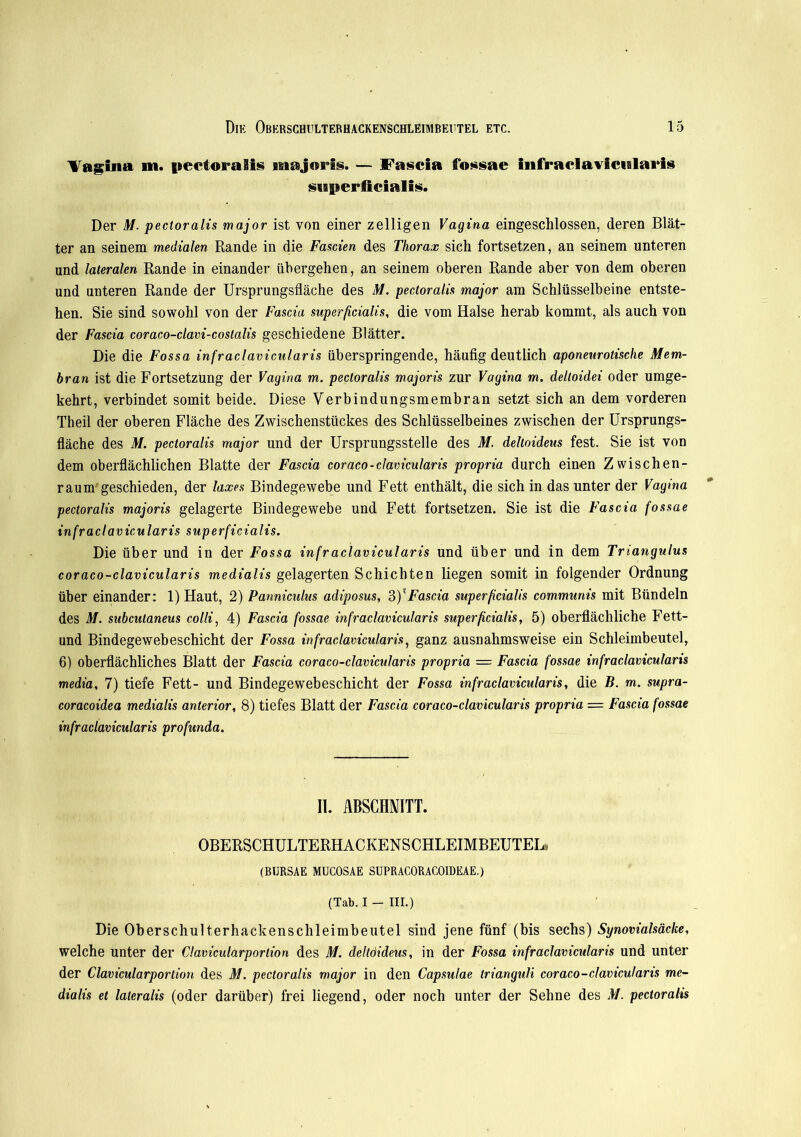 Vagina m. pectoralis snajoris. — Fascia fossae infraclavicialaris superficialis. Der M. pectoralis major ist von einer zelligen Vagina eingeschlossen, deren Blät- ter an seinem medialen Rande in die Fascien des Thorax sich fortsetzen, an seinem unteren and lateralen Rande in einander übergehen, an seinem oberen Rande aber von dem oberen und unteren Rande der Ursprungsfläche des M. pectoralis major am Schlüsselbeine entste- hen. Sie sind sowohl von der Fascia superficialis, die vom Halse herab kommt, als auch von der Fascia coraco-clavi-costalis geschiedene Blätter. Die die Fossa infraclavicularis überspringende, häufig deutlich aponeurotische Mem- bran ist die Fortsetzung der Vagina m. pectoralis majoris zur Vagina m. deltoidei oder umge- kehrt, verbindet somit beide. Diese Verbindungsmembran setzt sich an dem vorderen Theil der oberen Fläche des Zwischenstückes des Schlüsselbeines zwischen der Ürsprungs- fläche des M. pectoralis major und der Ursprungsstelle des M. deltoideus fest. Sie ist von dem oberflächlichen Blatte der Fascia coraco-clavicularis propria durch einen Zwischen- raum geschieden, der laxes Bindegewebe und Fett enthält, die sich in das unter der Vagina pectoralis majoris gelagerte Bindegewebe und Fett fortsetzen. Sie ist die Fascia fossae infraclavicularis superficialis. Die über und in der Fossa infraclavicularis und über und in dem Triangulus coraco-clavicularis medialis gelagerten Schichten liegen somit in folgender Ordnung über einander: 1) Haut, 2) Panniculus adiposus, 3)'Fascia superfcialis communis mit Bündeln des M. subcutaneus colli, 4) Fascia fossae infraclavicularis superficialis, 5) oberflächliche Fett- und Bindegewebeschicht der Fossa infraclavicularis, ganz ausnahmsweise ein Schleimbeutel, 6) oberflächliches Blatt der Fascia coraco-clavicularis propria = Fascia fossae infraclavicularis media, 7) tiefe Fett- und Bindegewebeschicht der Fossa infraclavicularis, die B. m. supra- coracoidea medialis anterior, 8) tiefes Blatt der Fascia coraco-clavicularis propria = Fascia fossae infraclavicularis profunda. II. ABSCHNITT. OBERSCHULTERHACKENSCHLEIMBEUTEL, (BURSAE MUCOSAE SUPRACORACOIDEAE.) (Tab. I - III.) Die Oberschulterhackenschleimbeutel sind jene fünf (bis sechs) Synovialsäcke, welche unter der Clavicularporlion des M. deltdideus, in der Fossa infraclavicularis und unter der Clavicularporlion des M. pectoralis major in den Capsulae trianguli coraco-clavicularis me- dialis et lateralis (oder darüber) frei liegend, oder noch unter der Sehne des M. pectoralis
