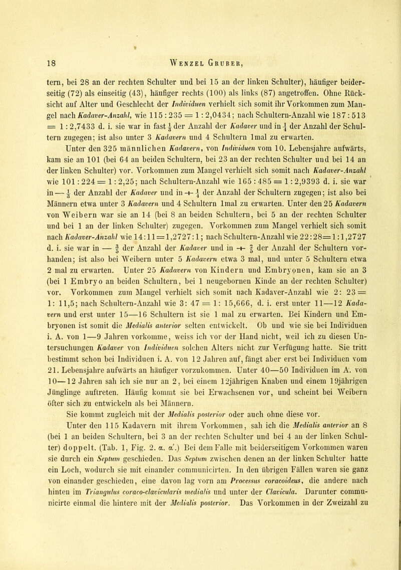 tem, bei 28 an der rechten Schulter und bei 15 an der linken Schulter), häufiger beider- seitig (72) als einseitig (43), häufiger rechts (100) als links (87) angetroffen. Ohne Rück- sicht auf Alter und Geschlecht der Individuen verhielt sich somit ihr Vorkommen zum Man- gel nach Kadaver-Anzahl, wie 115:235 = 1: 2,0434; nach Schultern-Anzahl wie 187:513 = 1: 2,7433 d. i. sie wrar in fast ^ der Anzahl der Kadaver und in^ der Anzahl der Schul- tern zugegen; ist also unter 3 Kadavern und 4 Schultern Imal zu erwarten. Unter den 325 männlichen Kadavern, von Individuen vom 10. Lebensjahre aufwärts, kam sie an 101 (bei 64 an beiden Schultern, bei 23 an der rechten Schulter und bei 14 an der linken Schulter) vor. Vorkommen zum Mangel verhielt sich somit nach Kadaver-Anzahl wie 101 : 224= 1: 2,25; nach Schultern-Anzahl wie 165 : 485 = 1: 2,9393 d. i. sie war in — der Anzahl der Kadaver und inn-^ der Anzahl der Schultern zugegen; ist also bei Männern etwa unter 3 Kadavern und 4 Schultern lmal zu erwarten. Unter den 25 Kadavern von Weibern war sie an 14 (bei 8 an beiden Schultern, bei 5 an der rechten Schulter und bei 1 an der linken Schulter) zugegen. Vorkommen zum Mangel verhielt sich somit nach Kadaver-Anzahl wie 14:11 = 1,2727:1; nach Schultern-Anzahl wie 22:28=1:1,2727 d. i. sie war in — § der Anzahl der Kadaver und in -i- | der Anzahl der Schultern vor- handen; ist also bei Weibern unter 5 Kadavern etwa 3 mal, und unter 5 Schultern etwa 2 mal zu erwarten. Unter 25 Kadavern von Kindern und Embryonen, kam sie an 3 (bei 1 Embryo an beiden Schultern, bei 1 neugebornen Kinde an der rechten Schulter) vor. Vorkommen zum Mangel verhielt sich somit nach Kadaver-Anzahl wie 2: 23 = 1: 11,5; nach Schultern-Anzahl wie 3: 47 = 1: 15,666, d. i. erst unter 11—12 Kada- vern und erst unter 15—16 Schultern ist sie 1 mal zu erwarten. Bei Kindern und Em- bryonen ist somit die Medialis anterior selten entwickelt. Ob und wie sie bei Individuen i. A. von 1—9 Jahren vorkomme, weiss ich vor der Hand nicht, weil ich zu diesen Un- tersuchungen Kadaver von Individuen solchen Alters nicht zur Verfügung hatte. Sie tritt bestimmt schon bei Individuen i. A. von 12 Jahren auf, fängt aber erst bei Individuen vom 21. Lebensjahre aufwärts an häufiger vorzukommen. Unter 40—50 Individuen im A. von 10—12 Jahren sah ich sie nur an 2, bei einem 12jährigen Knaben und einem 19jährigen Jünglinge auftreten. Häufig kommt sie bei Erwachsenen vor, und scheint bei Weibern öfter sich zu entwickeln als bei Männern. Sie kommt zugleich mit der Medialis 'posterior oder auch ohne diese vor. Unter den 115 Kadavern mit ihrem Vorkommen, sah ich die Medialis anterior an 8 (bei 1 an beiden Schultern, bei 3 an der rechten Schulter und bei 4 an der linken Schul- ter) doppelt. (Tab. 1, Fig. 2. a. a.) Bei dem Falle mit beiderseitigem Vorkommen waren sie durch ein Septum geschieden. Das Septum zwischen denen an der linken Schulter hatte ein Loch, wodurch sie mit einander communicirten. In den übrigen Fällen waren sie ganz von einander geschieden, eine davon lag vorn am Processus coracoideus, die andere nach hinten im Triangulus coraco-clavicularis medialis und unter der Clavicula. Darunter commu- nicirte einmal die hintere mit der Medialis posterior. Das Vorkommen in der Zweizahl zu