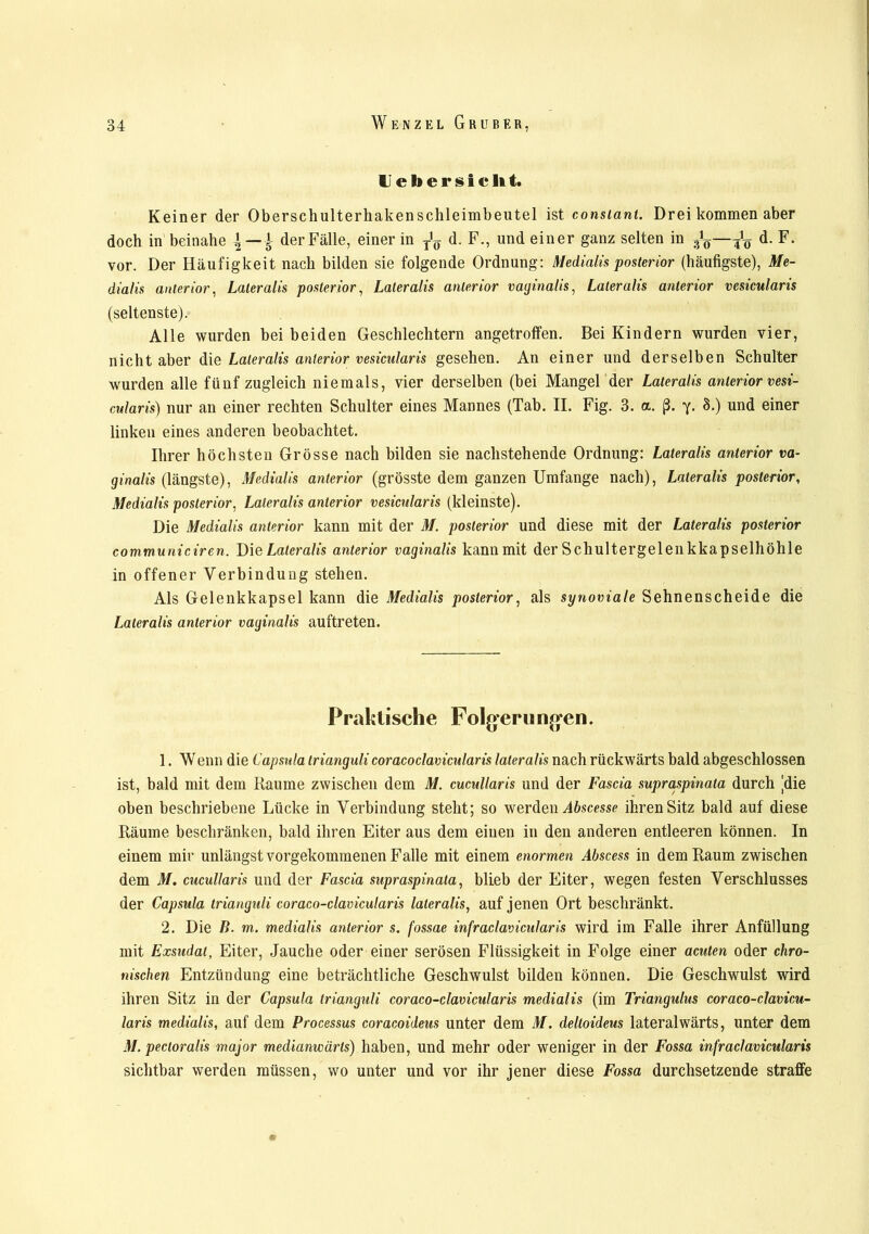 lieber stellt. Keiner der Oberschulterhakenschleimbeutel ist constani. Drei kommen aber doch in beinahe £ der Fälle, einer in tl d. F., und einer ganz selten in d. F. vor. Der Häufigkeit nach bilden sie folgende Ordnung: Medialis posterior (häufigste), Me- dialis anterior, Lateralis posterior, Lateralis anterior vaginalis, Lateralis anterior vesicularis (seltenste). Alle wurden bei beiden Geschlechtern angetroffen. Bei Kindern wurden vier, nicht aber die Lateralis anterior vesicularis gesehen. An einer und derselben Schulter wurden alle fünf zugleich niemals, vier derselben (bei Mangel der Lateralis anterior vesi- cularis) nur an einer rechten Schulter eines Mannes (Tab. II. Fig. 3. a. ß. y. 8.) und einer linken eines anderen beobachtet. Ihrer höchsten Grösse nach bilden sie nachstehende Ordnung: Lateralis anterior va- ginalis (längste), Medialis anterior (grösste dem ganzen Umfange nach), Lateralis posterior, Medialis posterior, Lateralis anterior vesicularis (kleinste). Die Medialis anterior kann mit der M. posterior und diese mit der Lateralis posterior communiciren. Die Lateralis anterior vaginalis kann mit der Schultergelenkkapselhöhle in offener Verbindung stehen. Als Gelenkkapsel kann die Medialis posterior, als synoviale Sehnenscheide die Lateralis anterior vaginalis auftreten. Praktische Folgerungen. 1. Wenn die Capsula trianguli coracoclavicularis lateralis nach rückwärts bald abgeschlossen ist, bald mit dem Raume zwischen dem M. cucullaris und der Fascia supraspinata durch |die oben beschriebene Lücke in Verbindung steht; so werden Abscesse ihren Sitz bald auf diese Räume beschränken, bald ihren Eiter aus dem einen in den anderen entleeren können. In einem mir unlängst vorgekommenen Falle mit einem enormen Abscess in dem Raum zwischen dem M. cucullaris und der Fascia supraspinata, blieb der Eiter, wegen festen Verschlusses der Capsula trianguli coraco-clavicularis lateralis, auf jenen Ort beschränkt. 2. Die B. m. medialis anterior s. fossae infraclavicularis wird im Falle ihrer Anfüllung mit Exsudat, Eiter, Jauche oder einer serösen Flüssigkeit in Folge einer acuten oder chro- nischen Entzündung eine beträchtliche Geschwulst bilden können. Die Geschwulst wird ihren Sitz in der Capsula trianguli coraco-clavicularis medialis (im Triangulus coraco-clavicu- laris medialis, auf dem Processus coracoideus unter dem M. deltoideus lateralwärts, unter dem M. pectoralis major medianwärls) haben, und mehr oder weniger in der Fossa infraclavicularis sichtbar werden müssen, wo unter und vor ihr jener diese Fossa durchsetzende straffe