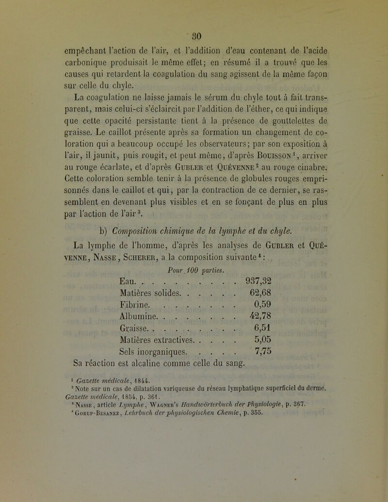 empêchant l’action de l’air, et l’addition d’eau contenant de l’acide carbonique produisait le même effet; en résumé il a trouvé que les causes qui retardent la coagulation du sang agissent de la même façon sur celle du chyle. La coagulation ne laisse jamais le sérum du chyle tout à fait trans- parent, mais celui-ci s’éclaircit par l’addition de l’éther, ce qui indique que cette opacité persistante tient à la présence de gouttelettes de graisse. Le caillot présente après sa formation un changement de co- loration qui a beaucoup occupé les observateurs; par son exposition à l’air, il jaunit, puis rougit, et peut même, d’après Bouisson1, arriver au rouge écarlate, et d’après Gubler et Quévenne2 au rouge cinabre. Cette coloration semble tenir à la présence de globules rouges empri- sonnés dans le caillot et qui, par la contraction de ce dernier, se ras- semblent en devenant plus visibles et en se fonçant de plus en plus par l’action de l’air3. b) Composition chimique de la lymphe et du chyle. La lymphe de l’homme, d’après les analyses de Gubler et Qué- venne, Nasse, Scherer, a la composition suivante1: Pour. 100 parties. Eau . 937,32 Matières solides . 62,68 Fibrine 0,59 Albumine . 42,78 Gçaisse 6,51 Matières extractives. . . . 5,05 Sels inorganiques. . . . 7,75 Sa réaction est alcaline comme celle du sang. 1 Gazette médicale, 1844. 2 Note sur un cas de dilatation variqueuse du réseau lymphatique superficiel du derme. Gazette médicale, 1854, p. 361. 8 Nasse, article Lymphe, Wagner’s Handwôrterbuch der Physiologie, p. 367.