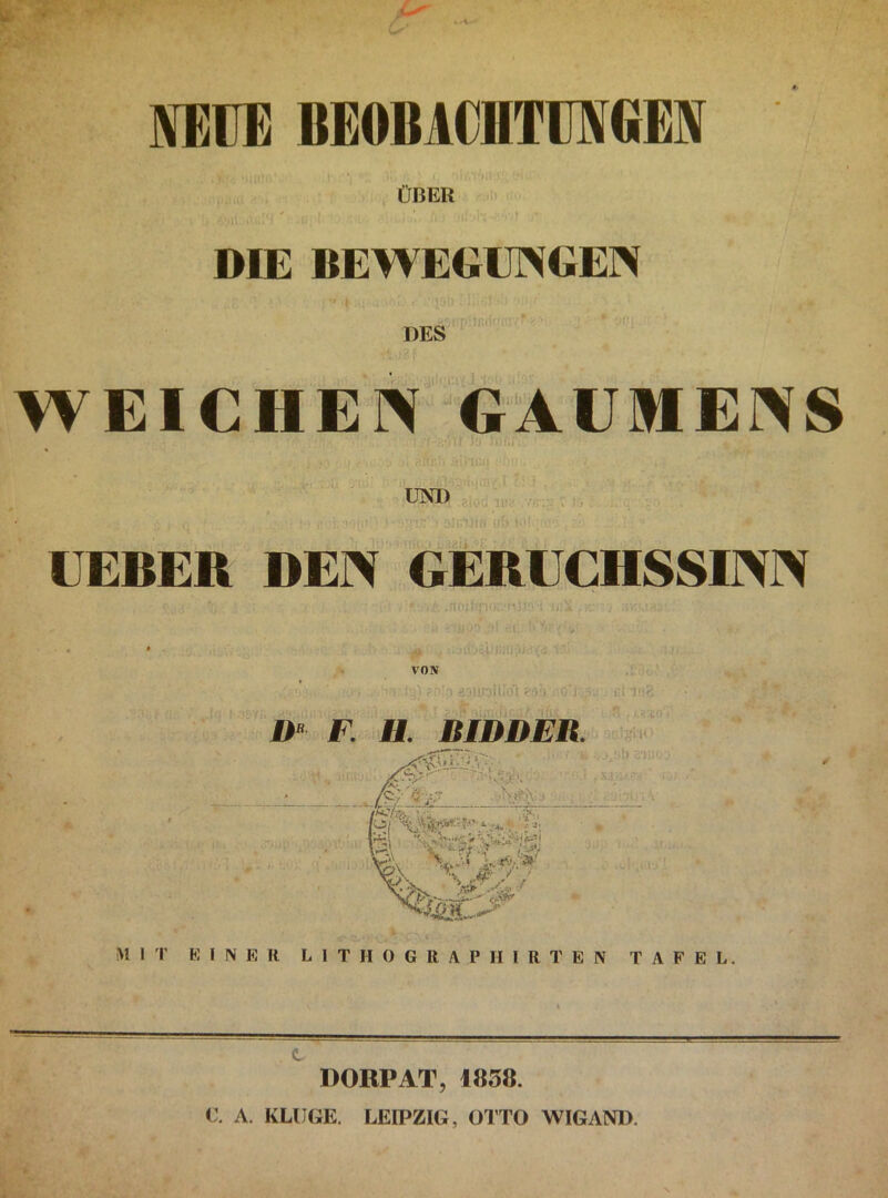 NEUE BEOBACHTMCiEIV ÜBER ■ ! BEWEGÜWGEIN DES WEICHEN ^G'ÜUMENS UND .^r ■ :VT![f, U-- UEBER DEN GERUCHSSINN ■1 VON •0 5 iU D“- F. H. BIDDER. i/ii< !j >-7 < X-r )rS ■ .-''■V / MIT K I N E R L I T H 0 G R A P H I R T E N TAFEL, DORPAT, 1858. C. A. KLUGE. LEIPZIG, OTTO WIGAND.