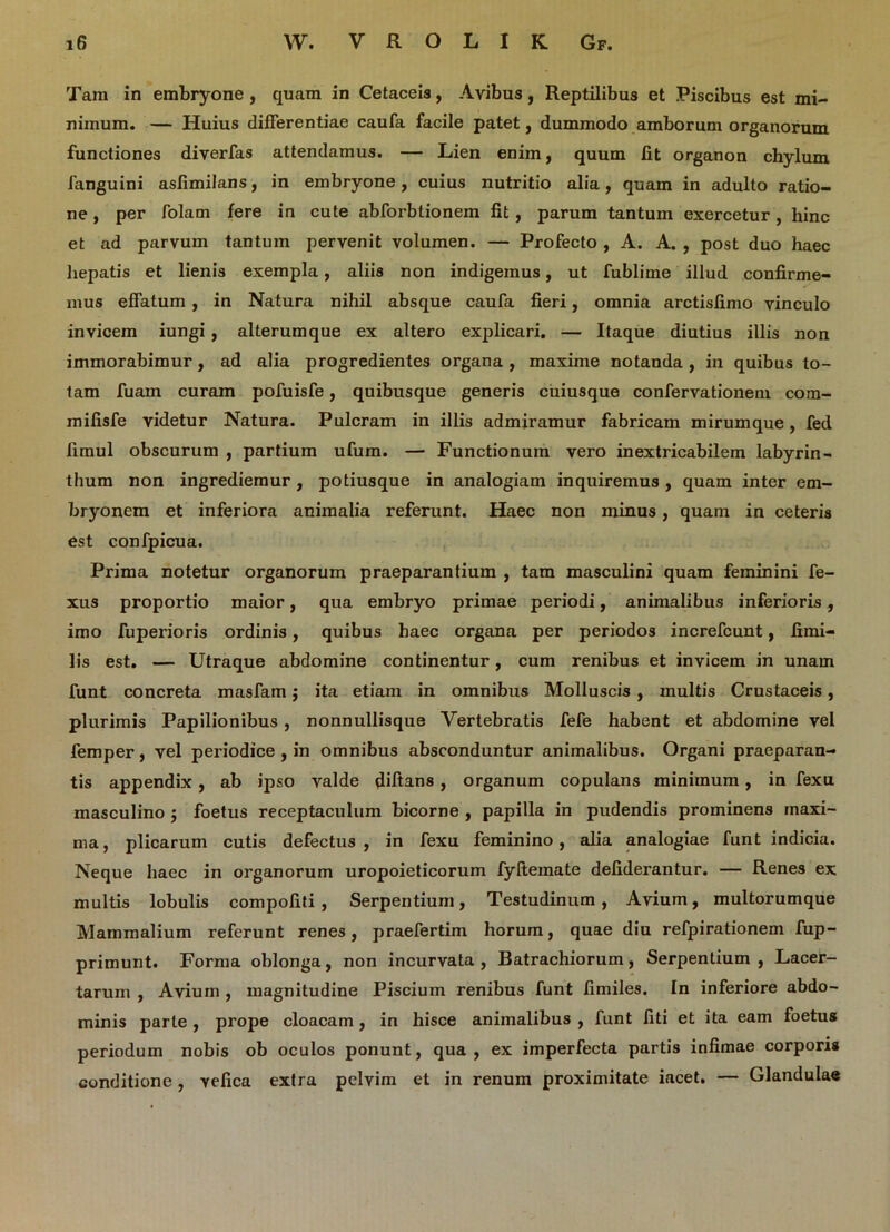Tam in embryone , quam in Cetaceis, Avibus, Reptilibus et Piscibus est mi- nimum. — Huius differentiae caufa facile patet, dummodo amborum organorum functiones diverfas attendamus. — Lien enim, quum fit organon chylum fanguini asfimilans, in embryone, cuius nutritio alia, quam in adulto ratio- ne , per folam fere in cute abforbtionem fit, parum tantum exercetur, hinc et ad parvum tantum pervenit volumen. — Profecto , A. A. , post duo haec hepatis et lienis exempla, aliis non indigemus, ut fublime illud confirme- mus effatum , in Natura nihil absque caufa fieri, omnia arctisfimo vinculo invicem iungi , alterumque ex altero explicari. — Itaque diutius illis non immorabimur, ad alia progredientes organa , maxime notanda , in quibus to- tam fuam curam pofuisfe, quibusque generis cuiusque confervationem com- mifisfe videtur Natura. Pulcram in illis admiramur fabricam mirumque, fed fimul obscurum , partium ufum. — Functionum vero inextricabilem labyrin- thum non ingrediemur, potiusque in analogiam inquiremus, quam inter em- bryonem et inferiora animalia referunt. Haec non minus, quam in ceteris est confpicua. Prima notetur organorum praeparantium , tam masculini quam feminini fe- xus proportio maior, qua embryo primae periodi, animalibus inferioris, imo fuperioris ordinis, quibus haec organa per periodos increfcunt, fimi- lis est. — Utraque abdomine continentur, cum renibus et invicem in unam funt concreta masfam $ ita etiam in omnibus Molluscis , multis Crustaceis, plurimis Papilionibus, nonnullisque Vertebratis fefe habent et abdomine vel femper, vel periodice , in omnibus absconduntur animalibus. Organi praeparan- tis appendix, ab ipso valde diftans , organum copulans minimum, in fexu masculino j foetus receptaculum bicorne , papilla in pudendis prominens maxi- ma, plicarum cutis defectus, in fexu feminino, alia analogiae funt indicia. Neque haec in organorum uropoieticorum fyftemate defiderantur. — Renes ex multis lobulis compofiti , Serpentium, Testudinum, Avium, multorumque Mammalium referunt renes, praefertim horum, quae diu refpirationem fup- primunt. Forma oblonga, non incurvata, Batrachiorum, Serpentium, Lacer- tarum , Avium , magnitudine Piscium renibus funt fimiles. In inferiore abdo- minis parte , prope cloacam, in hisce animalibus , funt fiti et ita eam foetus periodum nobis ob oculos ponunt, qua, ex imperfecta partis infimae corporis conditione , vefica extra pelvim et in renum proximitate iacet. — Glandulae