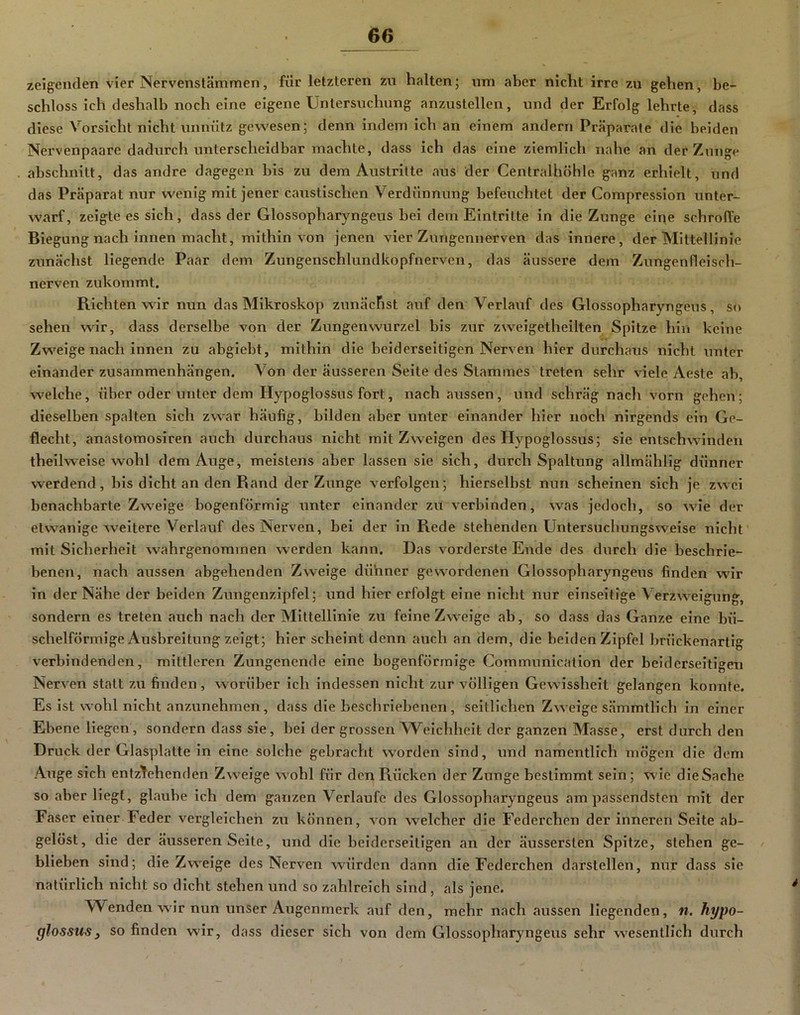 zeigenden vier Nervenstämmen, für letzteren zu halten; um aber nicht irre zu gehen, be- schloss ich deshalb noch eine eigene Untersuchung anzustellen, und der Erfolg lehrte^ dass diese Vorsicht nicht unnütz gewesen; denn indem Ich an einem andern Präparate die beiden Nervenpaare dadurch unterscheidbar machte, dass ich das eine ziemlich nahe an der Zunge abschnitt, das andre dagegen bis zu dem Austritte aus der Centralhöhle ganz erhielt, und das Präparat nur wenig mit jener caustischen Verdünnung befeuchtet der Compression unter- warf, zeigte es sich, dass der Glossopharyngeus bei dem Eintritte in die Zunge eine schroffe Biegung nach innen macht, mithin von jenen vier Zungennerven das innere, der Mittellinie zunächst liegende Paar dem Zungenschlundkopfnervcn, das äussere dem Zungenfleisch- nerven zukommt. Richten wir nun das Mikroskop zunächst auf den Verlauf des Glossopharyngeus, so sehen wir, dass derselbe von der Zungenwurzel bis zur zweigetheilten Spitze hin keine Zweige nach innen zu abgiebt, mithin die beiderseitigen Nerven hier durchaus nicht unter einander Zusammenhängen. Von der äusseren Seite des Stammes treten sehr viele Aeste ab, welche, über oder unter dem Hypoglossus fort, nach aussen, und schräg nacli vorn gehen; dieselben spalten sich zwar häufig, bilden aber unter einander hier noch nirgends ein Ge- flecht, anastomosiren auch durchaus nicht mit Zweigen des Hypoglossus; sie entschwinden theilweise wohl dem Auge, meistens aber lassen sie sich, durch Spaltung allmählig dünner werdend, bis dicht an den Rand der Zunge verfolgen; hierselbst nun scheinen sich je zwei benachbarte Zweige bogenförmig unter einander zu verbinden, was jedoch, so wie der etwanige weitere Verlauf des Nerven, bei der in Rede stehenden Untersuchungsweise nicht mit Sicherheit wahrgenommen werden kann. Das vorderste Ende des durch die beschrie- benen, nach aussen abgehenden Zweige dünner gewordenen Glossopharyngeus finden wir in der Nähe der beiden Zungenzipfel; und hier erfolgt eine nicht nur einseitige Verzweigung, sondern es treten auch nach der Mittellinie zu feine Zweige ab, so dass das Ganze eine bü- schelförmige Ausbreitung zeigt; hier scheint denn auch an dem, die beiden Zipfel brückenartig verbindenden, mittleren Zungenende eine bogenförmige Communication der beiderseitigen Nerven statt zu finden, worüber ich indessen nicht zur völligen Gewissheit gelangen konnte. Es ist wohl nicht anzunehmen, dass die beschriebenen, seitlichen Zweige sämmtlich in einer Ebene liegen, sondern dass sie, bei der grossen Weichheit der ganzen Masse, erst durch den Druck der Glasplatte in eine solche gebracht worden sind, und namentlich mögen die dem Auge sich entziehenden Zweige wohl für den Rücken der Zunge bestimmt sein; wie dieSache so aber liegt, glaube ich dem ganzen Verlaufe des Glossopliaryngeus am passendsten mit der Faser einer Feder vergleichen zu können, von welcher die Federchen der inneren Seite ab- gelöst, die der äusseren Seite, und die beiderseitigen an der äussersten Spitze, stehen ge- blieben sind; die Zweige des Nerven würden dann die Federchen darstellen, nur dass sie natürlich nicht so dicht stehen und so zahlreich sind, als jene. Wenden wir nun unser Augenmerk auf den, mehr nach aussen liegenden, n. hypo- glossus ^ so finden wir, dass dieser sich von dem Glossopharyngeus sehr wesentlich durch