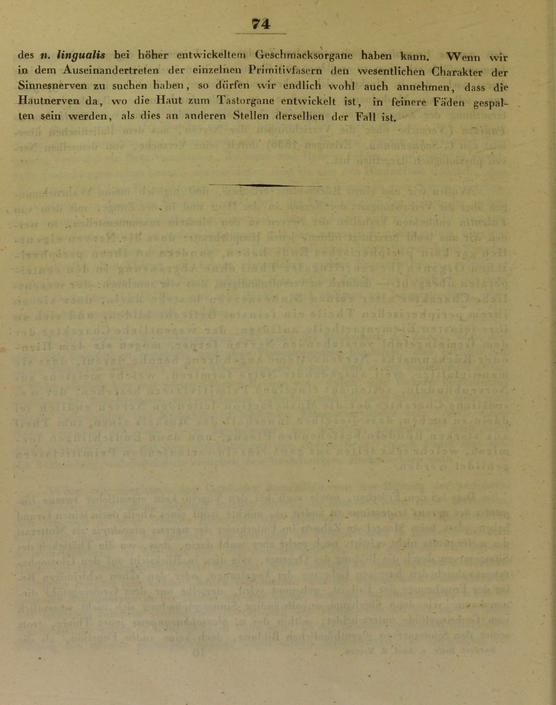 des n. lingualis bei höher entwickeltem Geschmacksorgane haben kann. Wenn wir in dem Auseinandertreten der einzelnen Primitivfasorn den wesentlichen Charakter der Sinnesnerven zu suchen haben, so dürfen wir endlich wohl auch annehrnen, dass die Hautnerven da, wo die Haut zum Tastorgane entwickelt ist, in feinere Fäden gespal- ten sein werden, als dies an anderen Stellen derselben der Fall ist. i - r • ( .1 1