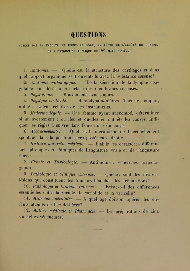 QUESTIONS POSÉES PAR LA FACULTÉ ET TIRÉES AU SORT, EN VERTU DE l’aRRÈTÉ DU CONSEIL DR L’INSTRUCTION PUBLIQUE DU 22 MARS 1842. 1. Anatomie. — Quelle est la structure des cartilages et dans quel rapport organique se trouvent-ils avec la substance osseuse? 2. Anatomie pathologique. — De la sécrétion de la lymphe coa- gulable considérée à la surface des membranes séreuses. 3. Physiologie. — Mouvements synergiques. 4. Physique médicale. — Hémodynamomèlres. Théorie, emploi, utilité et valeur relative de ces instruments. 3. Médecine légale. — Une femme ayant succombé, déterminer si un avortement a eu lieu et quelles en ont été les causes. Indi- quer les règles à suivre dans l’ouverture du corps. 6. Accouchements. — Quel est le mécanisme de l’accouchement spontané dans la position sacro-postérieure droite. 7. Histoire naturelle médicale. — Établir les caractères différen- tiels physiques et chimiques de l’angusture vraie et de l’anguslure fausse. 8. Chimie et Toxicologie. — Antimoine : recherches toxicolo- giques. 9. Pathologie et Clinique externes. — Quelles sont les diverses lésions qui constituent les tumeurs blanches des articulations? 10. Pathologie et Clinique internes. — Existe-t-il des différences essentielles entre la variole, la variolide et la varicelle? 11. Médecine opératoire. — A quel âge doit-on opérer les en- fants atteints de bec-de-lièvre? 12. Matière médicale et Pharmacie. — Les préparations de zinc sont-elles vénéneuses?