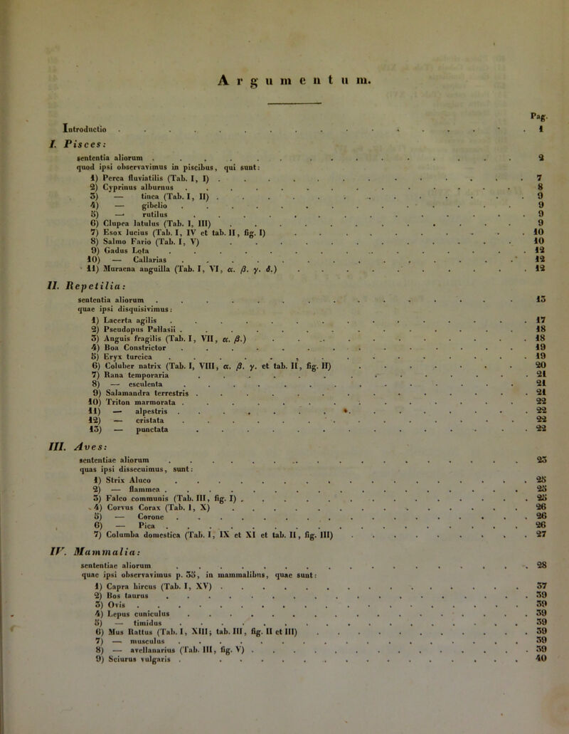 Pag. Introductio 1 I. Pisces: sententia aliorum ...... ......... 3 quod ipsi observavimus in piscibus, qui suat: 1) Perca fluviatilis (Tab. 1,1) 2) Cyprinus alburnus ......... 3) — tinca (Tab. I, II) . . . . . . 4) — gibelio ......... 3) —■ rutilus ...... ... 6) Clupea latulus (Tab. I, III) ...... 7) Esox lucius (Tab. I, IV et tab. II, fig. I) ..... 8) Salmo Fario (Tab. I, V) 9) Gadus Lota .......... 10) — Callarias . . . . * 11) Muraena anguilla (Tab. I, VI, «. /?. y. <J.) II. Repetilia: sententia aliorum .............. .13 quae ipsi disquisivimus: 1) Lacerta agilis ............... 17 2) Pscudopus Pallasii .............. 18 3) Anguis fragilis (Tab. I, VII, ce. /3.) ............ 18 4) Boa Constrictor .............. 19 8) Eryx turcica ............... 19 6) Coluber natrix (Tab. I, VIII, «. /?. y. ct tab. II, fig. II) ....... 20 7) Rana temporaria ...... ........ 21 8) — esculenta .... .......... 21 9) Salamandra terrestris .............. 21 10) Triton marmorata 22 11) — alpestris 22 12) — cristata .............. 22 13) — punctata ............ - 22 III. Aves: sententiae aliorum .................. 23 quas ipsi dissecuimus, sunt: 1) Strix Aluco ............... . . 23 2) — flammea .............. ... 23 3) Falco communis (Tab. III, fig. I) .............. 23 * 4) Corvus Corax (Tab. 1, X) . . . . . . . . > . . . . . 26 8) — Corone ................. 26 6) — Pica .................. 26 7) Columba domestica (Tab. I, IX ct XI et tab. II, fig. III) ......... 27 IV. M a m m alia: sententiae aliorum ................. 28 quae ipsi observavimus p. 38, in mammalibus, quae sunt: 1) Capra bircus (Tab. I, XV) ............... 37 2) Bos taurus .... .......... .... 39 3) Ovis .......... ......... 39 4) Lepus cuniculus 39 8) — timidus ................. 39 6) Mus Rattus (Tab. I, XIII; tab. III, fig. II ct III) ........... 39 7) — musculus .......... ....... 39 8) — avcllanurius (Tab. III, fig. V) ............. 39 9) Sciurus vulgaris . ................ 40 8 . 9 9 . 9 9 . 10 10 . 12 12 . 12