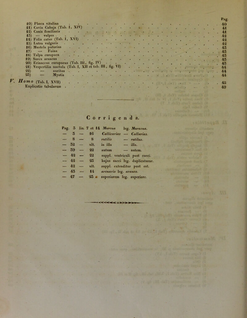 10) Phoca vitulina .... . . . t 11) Cavia Cobaja (Tal>. I, XIV) ..... 12) Canis familiaris ... • f 15) — vulpes . . .... ... 14) Pelis catus (Tab. I, XVI) ...... 15) Lutra vulgaris ........ 16) Mustela putorius ........ 17) — Foina ........ 18) Talpa europaea ... 19) Sorex araneus ........ 20) Erinaceus europaeus (Tab. III, fig. IV’) . . . . 21) Vespertilio noctula (Tab. I, XII et tab. III, lig. VI) 22) — auritus ........ 25) — Myotis . . ..... V. Homo (Tab. I, XVII) Explicatio tabularum . ■ ■ • • l Corrigenda. Pag. 3 lin. 7 et 14 Murena leg. Muraena. — 3 — 16 Callicarias — Callarias. — 8 — 8 rutilis — mtilus. — 32 — lllt. in illa — illa. — 39 — 22 autum — autem. — 42 — 22 suppi, ventriculi post coeci. — 42 — 23 hujus sacci leg. duplicaturae. — 42 — ult. suppi, extenditur post est. — 43 — 14 arenario leg. araneo. — 47 — 23 - superiorem leg. superiore. Pag. 40 41 41 42 42 42 43 43 43 43 43 44 44 44 43 49