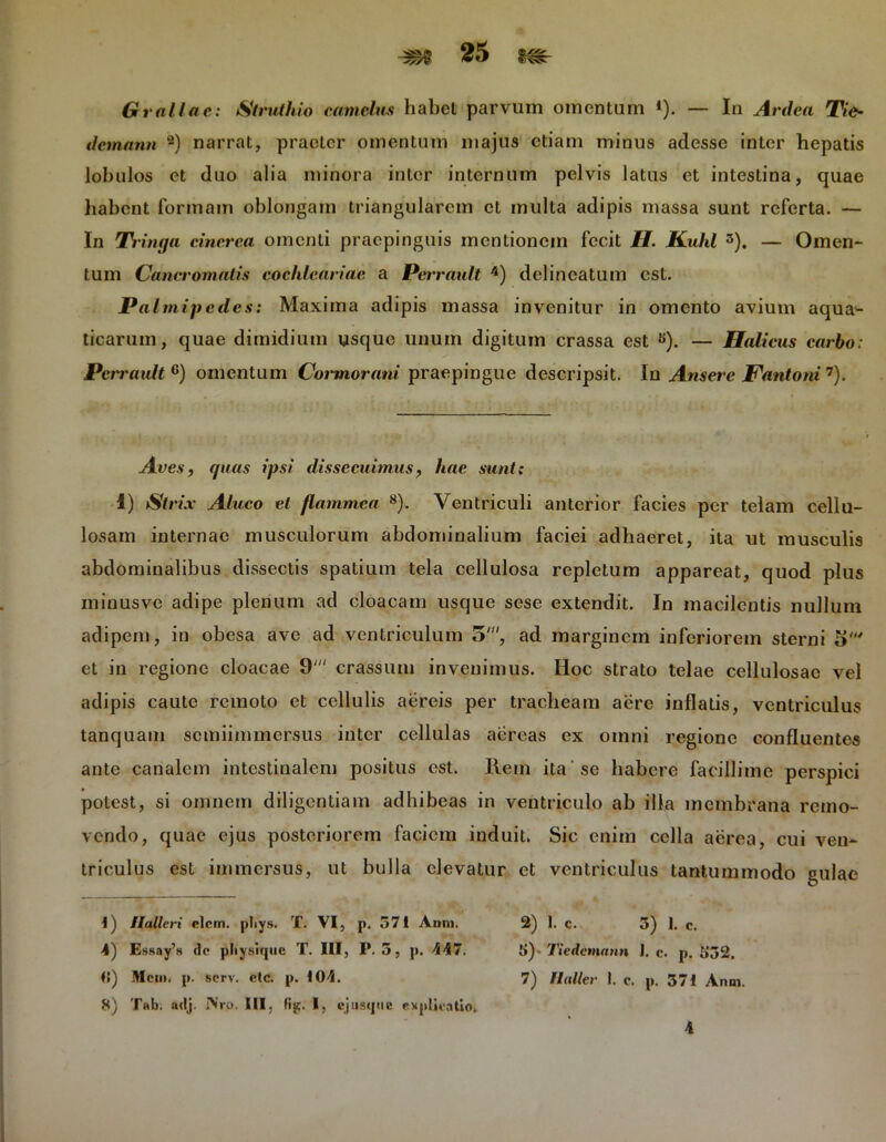 Grallae: Struthio camelus habet parvum omentum *). — In Ardea Ti&- demana 2) narrat, praeter omentum majus etiam minus adesse inter hepatis lobulos et duo alia minora inter internum pelvis latus ct intestina, quae habent formam oblongam triangularem et multa adipis massa sunt referta. — In Tringa cinerea omenti praepinguis mentionem fecit H. Kuhl 3). — Omen- tum Cancromatis cochleariac a Perrault 4) delineatum est. Palmipedes: Maxima adipis massa invenitur in omento avium aqua- ticarum, quae dimidium usque unum digitum crassa est B). — Halitus carbo: Perrault * 6) omentum Cormorani praepingue descripsit. In Ansere Fantoni7). Aves, quas ipsi dissecuimus, hae sunt: i) Strix Aluco et flammea 8). Ventriculi anterior facies per telam cellu- losam internae musculorum abdominalium faciei adhaeret, ita ut musculis abdominalibus dissectis spatium tela cellulosa repletum appareat, quod plus minusve adipe plenum ad cloacam usque sese extendit. In macilentis nullum adipem, in obesa ave ad ventriculum 5', ad marginem inferiorem sterni 5' et in regione cloacae 9' crassum invenimus. Hoc strato telae cellulosae vel adipis caute remoto et cellulis aereis per tracheam aere inflatis, ventriculus tanquam semiimmersus inter cellulas aereas ex omni regione confluentes ante canalem intestinalem positus est. Rem ita se habere facillime perspici potest, si omnem diligentiam adhibeas in ventriculo ab illa membrana remo- vendo, quae ejus posteriorem faciem induit. Sic enim cella aerea, cui ven- triculus est immersus, ut bulla elevatur et ventriculus tantummodo gulae 1) Hallcri clcm. pliys. T. VI, p. 571 Anni. 2) 1. c. 5) 1. c. 4) Essay’s dc pliysiijue T. III, P. 5, p. 447. fy* Tiedemann I. c. p. 532. (5) Mcm. p. serv. etc. p. 104. 7) flaller 1. c, p. 37! Anm. 8) Tab. adj. INro. HI, fis;. I, cjusijtic explicatio. 4