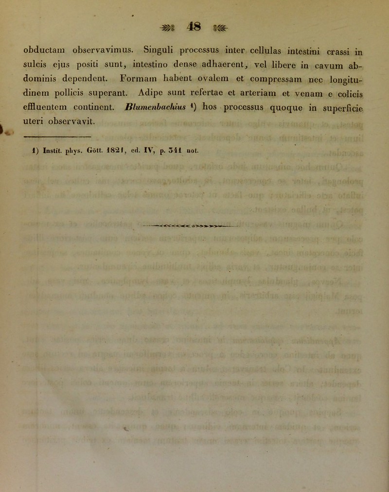 k 4. ' obductam observavimus. Singuli processus inter cellulas intestini crassi in sulcis ejus positi sunt, intestino dense adhaerent, vel libere in cavum ab- dominis dependent. Formam habent ovalem et compressam nec longitu- dinem pollicis superant. Adipe sunt refertae et arteriam et venam e colicis effluentem continent. Slumenbachius *) hos processus quoque in superficie uteri observavit. I) Instit. pliys. Gott. 1821, cd. IV, p. 31 i not. <<«4f< &