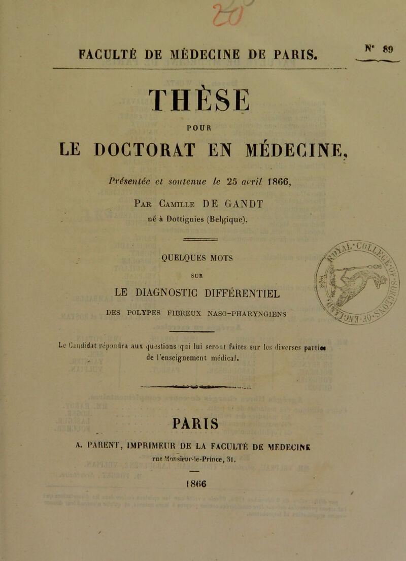 FACULTÉ DE MÉDECINE DE PARIS. THÈSE POUR LE DOCTORAT EN MÉDECINE Présentée et soutenue le 25 avril 1866, Par Camille DE GAN DT * t 1 ne à Doüiguies (Belgique), QUELQUES MOTS SUR LE DIAGNOSTIC DIFFÉRENTIEL DES POLYPES FIBREUX NASO-PHARYNGHENS Le Candidat répandra aux questions qui lui seront faites sur les diverses pailiw de l’enseignement médical. PARIS A. PARENT, IMPRIMEUR DE LA FACULTÉ DE MEDECINE rue Morisieur-le-Prince, 31.