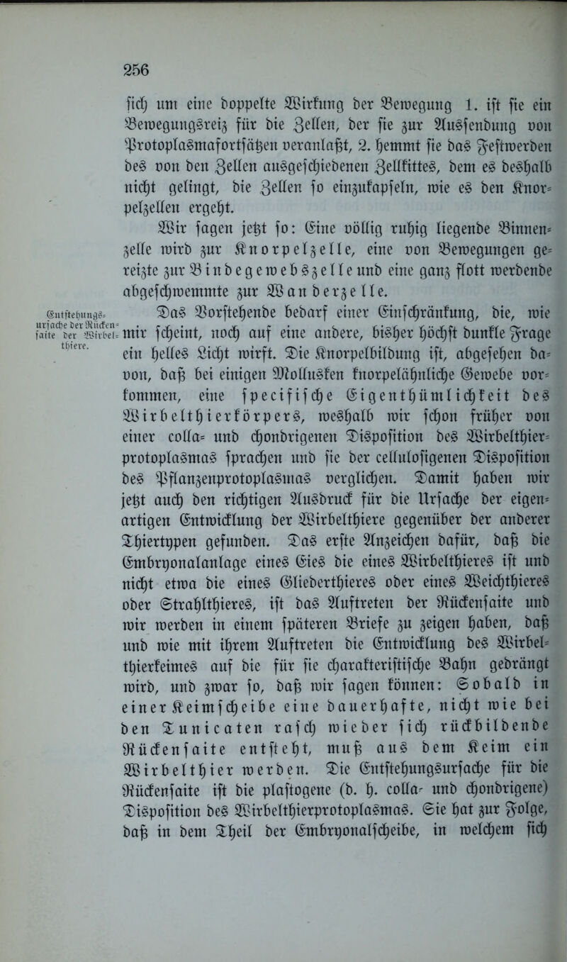 @ntfteljun0g= urfac^e Uer Stücfen faite fcer ®tvfrel= totere. fid) um eine hoppelte Wirfung ber 23emegung 1. ift fie ein 23emegungSreig für bie gellen, ber fie gur SluSfenbmtg oon ^rotoplaSmafortfä^en oeranlafst, 2. ^emmt fie baS geftmerben beS oon ben gellen auSgeftiebenen gellfitteS, bem eS beShalb nid^t gelingt, bie gellen fo eingufapfeln, mie eS ben $nor= petgellen ergebt. Wir fagen je^t fo: (Sine oöllig ruhig liegenbe 23innen* gelle mirb gur ^norpelgelle, eine oon £3emegungen ge* reigte gurS3inbegemebSgelleunb eine gang flott merbenbe abgeftmemmte gur Wanbergelle. SDaS $orftehenbe bebarf einer (Sinftränfung, bie, mie mir ft eint, not auf eine anbere, bisf)er hötft buntle grage ein l)etle3 2itt mirft £)ie ^norpelbilbung ift, abgefefjen ba* oon, baf3 bei einigen SJtolluSfen fnorpelä^nlid^e (Sernebe oor* fommen, eine fpecififte ©igent^ümlid^teit beS Wirbel thierförperS, meShalb mir fton früher oon einer cotla= unb d^onbrigenen SDiSpofition beS 3Birbeltt)ier= protoplaSmaS fprad^en unb fie ber cetfulofigenen £)iSpofition beS ^ßflangenprotoplaSmaS oergliten. SDamit hoben mir je^t aut ben richtigen StuSbrud für bie llrfad^e ber eigen* artigen (Sntmidlung ber Wirbeltiere gegenüber ber anberer £f)iertppen gefunben. SDaS erfte Stngeid^en bafür, baf$ bie (Smbrponalanlage eines (SieS bie eines Wirbeltieres ift unb nicf)t etma bie eines (SlieberthiereS ober eines Weichtieres ober ©traltftiereS, ift baS Auftreten ber SRüdenfaite unb mir roerben in einem fpäteren Briefe gu geigen hoben, bajs unb mie mit ihrem Stuftreten bie (Sntraidlung beS Wirbel* tierfeimeS auf bie für fie torafteriftifte S3ahn gebrängt mirb, unb gmar fo, baf$ mir fagen fönnen: ©obalb in einer$eimftet&e eine bauerhofte, nit* rote ben £unicaten raft mieber fit rüdbilbenbe SMdenfaite entfteht, muf$ auS bem teim ein Wirbe11hier merben. £ie (SntftehungSurfate für bie SRüdenfaite ift bie plaftogene (b. h* colta* unb t011^lWerie) ^iSpofition beS WirbetthierprotoplaSmaS. ©ie hot gur golge, bafs in bem SLheil ber (Smbrponalfteibe, in meltem fit