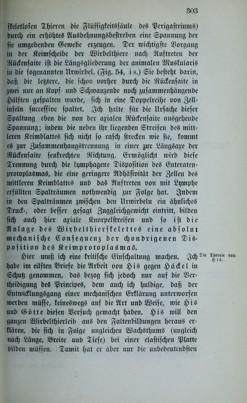 803 ffeletlofeit gieren bie fjliiffigfeit^fäule beS ^eiigaftriuntS) burd; ein eif)öl)teS 2ütSbef)nungSbefiieben eine Spannung bei* fie untgebenben ($emebe erzeugen. S)er midfjtigfte Vorgang in bei Keimfdjeibe bei 2Biibeltf)ieie ttadj 2luftieten bei Oiüdenfaite ift bie SängSgliebeiuttg bei animalen SftuSf’ulaiiS in bie fogenannten Uimiibel (Jüg. 54, i s.) Sie heftest baiin, bajg bie letztere, bie fdjoit noiljei buid^ bie SRüdenfaite in 3ioei nui an Kopf= unb Sd;man§enbe nod) 3ufammenfjängenbe Hälften gefpalten mürbe, fid^ in eine 2)oppelieif)e non 3ed= infein fucceffioe fpaltet. 3d) feilte füi bie llifadje biefei Spaltung eben bie non bei axialen SRüdenfaite auSgeljenbe Spannung; inbem bie neben ifji liegenben Streifen beS mitt* leien Keimblattes fid) nidjt fo iafd) ftieden mie fie, fommt eS 3m 3uföroroettl)cmgStiennung in einei 3m SängSa^e bei iMdenfaite fenfied^ten 9iid)tung. (Simöglidfjt miib biefe Trennung buidj bie h)mpl)agene SDiSpofition beS @nteiaten= piotoplaSmaS, bie eine geringeie 9Xb^äfinität bei 3eden beS inittleien Keimblattes unb baS Sluftieten non mit Sprnpbe erfüllten Spalträumen not^menbig 3m $olge Ijat. 3nbem in beit Spalträumen 3tnifd)en beit itnnirbeltt ein äljnlicljeS $mcf=, ober beffer gefagt 3uggleid)gemicf)t eintiitt, bilben fiel) and) I)iei axiale Knoipelftieifen nnb fo ift bie Anlage beS SÖivbeltbieiffeletteS eine abfolnt ntedfjanif cf)e (£onfequen3 bei djonbrigenen $DiS= pofition beS KeimpiotoplaSmaS. £>iei mujs id) eine fritifd^e ©infdjaltung machen. 3d) ®ie tion l>abe im eilften Briefe bie Arbeit non $is gegen £>ädel in Sdf)u£ genommen, baS be^og fidf) jebod) nur auf bie $ei= tfjeibigung beS ^rincipeS, bem and) idj fjulbige, bafj bei ©ntroidlungSgang einer medjanifdjett (Sifläiung unteimoifen treiben muffe, MneStnegS auf bie 2lit unb SÖeife, mie £iS unb ®ötte biefen SSeifnd) gemacht labern §iS mill ben gan3en äßiibeltfjieileib ans beit galtenbilbnngeu heraus ei= fläien, bie fidt) in 3*olge ungleichen 2Öad)Stl)umS (ungleich nad) Sänge, Breite unb SLiefe) bei einer elaftifd^en glatte bilben rnüffen. $amit hat ei aber nur bie unbebeutenbften