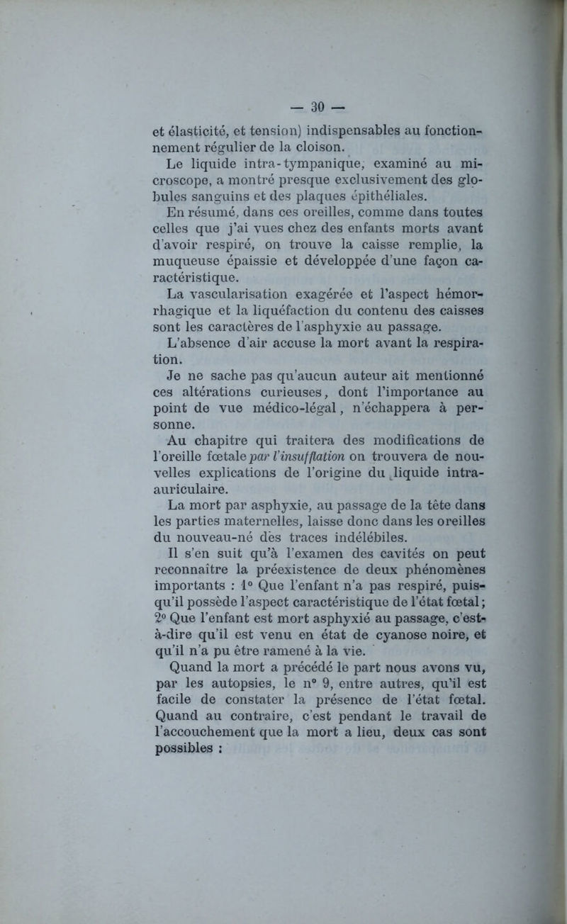 * - 30 — et élasticité, et tension) indispensables au fonction- nement régulier de la cloison. Le liquide intra-tympanique, examiné au mi- croscope, a montré presque exclusivement des glo- bules sanguins et des plaques épithéliales. En résumé, dans ces oreilles, comme dans toutes celles que j’ai vues chez des enfants morts avant d’avoir respiré, on trouve la caisse remplie, la muqueuse épaissie et développée d’une façon ca- ractéristique. La vascularisation exagérée et l’aspect hémor- rhagique et la liquéfaction du contenu des caisses sont les caractères de l’asphyxie au passage. L’absence d’air accuse la mort avant la respira- tion. Je ne sache pas qu’aucun auteur ait mentionné ces altérations curieuses, dont l’importance au point de vue médico-légal, n’échappera à per- sonne. Au chapitre qui traitera des modifications de l’oreille fœtale par Vinsufflation on trouvera de nou- velles explications de l’origine du ^liquide intra- auriculaire. La mort par asphyxie, au passage de la tête dans les parties maternelles, laisse donc dans les oreilles du nouveau-né dès traces indélébiles. Il s’en suit qu’à l’examen des cavités on peut reconnaître la préexistence de deux phénomènes importants : 1° Que l’enfant n’a pas respiré, puis- qu’il possède l’aspect caractéristique de l’état fœtal ; 2° Que l’enfant est mort asphyxié au passage, c’est- à-dire qu’il est venu en état de cyanose noire, et qu’il n’a pu être ramené à la vie. Quand la mort a précédé le part nous avons vu, par les autopsies, le n° 9, entre autres, qu’il est facile de constater la présence de l’état fœtal. Quand au contraire, c’est pendant le travail de l’accouchement que la mort a lieu, deux cas sont possibles ;