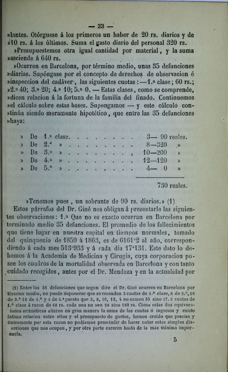 alantes. Otorgúese á los primeros un haber de 20 rs. diarios y de «10 rs. á los últimos. Suma el gasto diario del personal 320 rs. «Presupuestemos otra igual cantidad por material, y la suma «asciende á 640 rs. «Ocurren en Barcelona, por término medio, unas 35 defunciones «diarias. Supóngase por el concepto de derechos de observación é «inspección del cadáver , las siguientes cuotas :—1.a clase; 60 rs.; «2.a 40; 3.a 20; 4.a 10; 5.a 0. — Estas clases, como se comprende, «dicen relación á la fortuna de la familia del finado. Continuemos «el cálculo sobre estas bases. Supongamos — y este cálculo con- «tinúa siendo meramente hipotético, que entre las 35 defunciones «haya: )) De 1.a clase ... 3- - 90 reales « De G) a » . . . . 8- -320 » De 3.a » • • , *o- -200 » « De 4.a )> ... 12- -120 » « De 5.a » , . : . 4- - 0 » 730 reales. «Tenemos pues , un sobrante de 90 rs. diarios.» (1) Estos párrafos del Dr. Giné nos obligan á presentarle las siguien- tes observaciones: 1.a Que no es exacto ocurran en Barcelona por terminado medio 35 defunciones. El promedio de los fallecimientos que tiene lugar en nuestra capital en tiempos normales, tomado del quinquenio de 1859 á 1863, es de 6161‘2 al año, correspon- diendo á cada mes 513‘933 y á cada dia 17‘13i. Este dato lo de- bemos á la Academia de Medicina y Cirugía, cuya corporación po- see los cuadros de la mortalidad observada en Barcelona y con tanto t cuidado recogidos, antes por el Dr. Mendoza y en la actualidad por (1) Entre las 35 defunciones que según dice el Dr. Giné ocurren en Barcelona por término medio, no puede suponerse que se recauden 3 cuotas de 1.a clase, 8 de 2.a, 40 de 3.a 12 de 4.a y 4 de 5.a puesto que 3, 8, 10, 12, 4 no suman 35 sino 37. 3 cuotas de 1.a clase á razón de 60 rs. cada una no son 90 sino 180 rs. Como estas dos equivoca- iones aritméticas alteran en gran manera la suma de las cuotas ó ingresos y existe íntima relación entre ellos y el presupuesto de gastos, hemos creído que precisa y únicamente por esta razón no podíamos prescindir de hacer notar estas simples dis- acciones que nos ocupan, y por otra parte carecen hasta de la mas mínima impor- ancia. 5