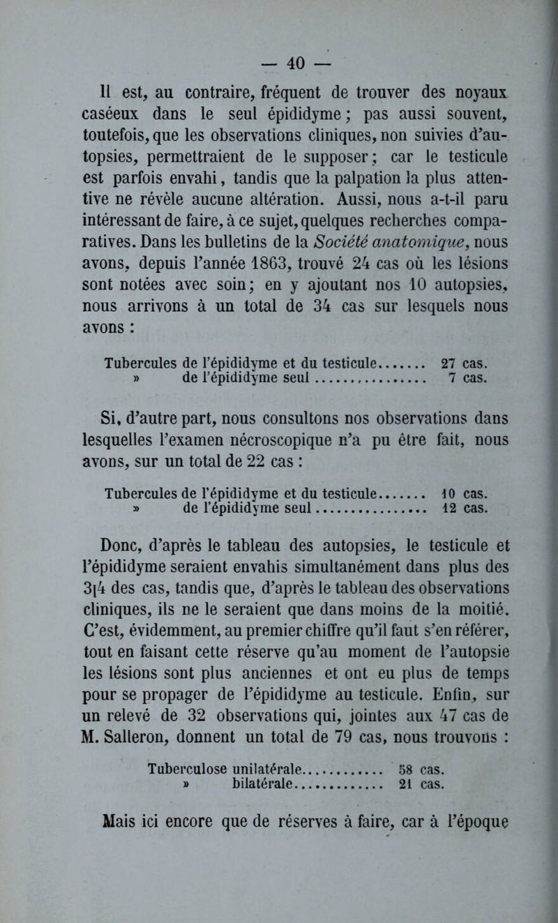Il est, au contraire, fréquent de trouver des noyaux caséeux dans le seul épididyme; pas aussi souvent, toutefois, que les observations cliniques, non suivies d’au- topsies, permettraient de le supposer ; car le testicule est parfois envahi, tandis que la palpation la plus atten- tive ne révèle aucune altération. Aussi, nous a-t-il paru intéressant de faire, à ce sujet, quelques recherches compa- ratives. Dans les bulletins de la Société anatomique, nous avons, depuis l’année 1863, trouvé 24 cas où les lésions sont notées avec soin; en y ajoutant nos 10 autopsies, nous arrivons à un total de 34 cas sur lesquels nous avons : Tubercules de l’épididyme et du testicule 27 cas. » de l’épididyme seul 7 cas. Si, d’autre part, nous consultons nos observations dans lesquelles l’examen nécroscopique n’a pu être fait, nous avons, sur un total de 22 cas : Tubercules de l’épididyme et du testicule 10 cas. » de T épididyme seul 12 cas. Donc, d’après le tableau des autopsies, le testicule et l’épididyme seraient envahis simultanément dans plus des 3{4 des cas, tandis que, d’après le tableau des observations cliniques, ils ne le seraient que dans moins de la moitié. C’est, évidemment, au premier chiffre qu’il faut s’en référer, tout en faisant cette réserve qu’au moment de l’autopsie les lésions sont plus anciennes et ont eu plus de temps pour se propager de l’épididyme au testicule. Enfin, sur un relevé de 32 observations qui, jointes aux 47 cas de M. Salleron, donnent un total de 79 cas, nous trouvons : Tuberculose unilatérale 58 cas. » bilatérale 21 cas. Mais ici encore que de réserves à faire, car à l’époque
