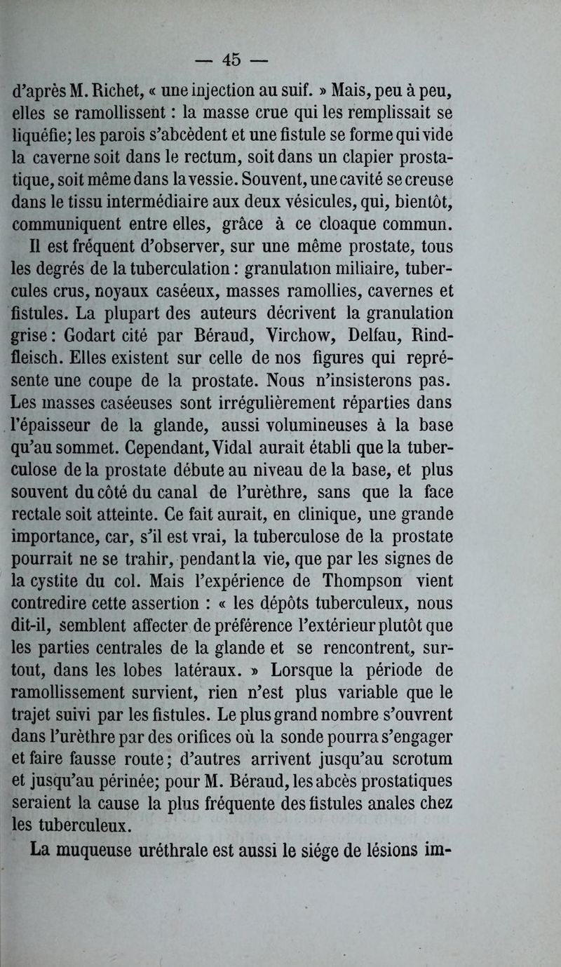 d'après M. Richet, « une injection au suif. » Mais, peu à peu, elles se ramollissent : la masse crue qui les remplissait se liquéfie; les parois s'abcèdent et une fistule se forme qui vide la caverne soit dans le rectum, soit dans un clapier prosta- tique, soit même dans la vessie. Souvent, une cavité se creuse dans le tissu intermédiaire aux deux vésicules, qui, bientôt, communiquent entre elles, grâce à ce cloaque commun. Il est fréquent d'observer, sur une même prostate, tous les degrés de la tuberculation : granulation miliaire, tuber- cules crus, noyaux caséeux, masses ramollies, cavernes et fistules. La plupart des auteurs décrivent la granulation grise : Godart cité par Béraud, Virchow, Delfau, Rind- fleisch. Elles existent sur celle de nos figures qui repré- sente une coupe de la prostate. Nous n'insisterons pas. Les masses caséeuses sont irrégulièrement réparties dans l’épaisseur de la glande, aussi volumineuses à la base qu'au sommet. Cependant, Vidal aurait établi que la tuber- culose de la prostate débute au niveau de la base, et plus souvent du côté du canal de l'urèthre, sans que la face rectale soit atteinte. Ce fait aurait, en clinique, une grande importance, car, s'il est vrai, la tuberculose de la prostate pourrait ne se trahir, pendant la vie, que par les signes de la cystite du col. Mais l'expérience de Thompson vient contredire cette assertion : « les dépôts tuberculeux, nous dit-il, semblent affecter de préférence l'extérieur plutôt que les parties centrales de la glande et se rencontrent, sur- tout, dans les lobes latéraux. » Lorsque la période de ramollissement survient, rien n'est plus variable que le trajet suivi par les fistules. Le plus grand nombre s'ouvrent dans l'urèthre par des orifices où la sonde pourra s’engager et faire fausse route ; d'autres arrivent jusqu'au scrotum et jusqu'au périnée; pour M. Béraud, les abcès prostatiques seraient la cause la plus fréquente des fistules anales chez les tuberculeux. La muqueuse uréthrale est aussi le siège de lésions im-