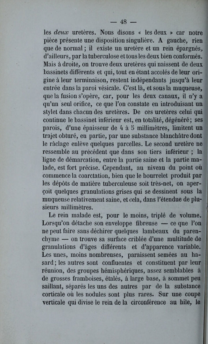 les deux uretères. Nous disons « les deux » car notre pièce présente une disposition singulière. A gauche, rien que de normal ; il existe un uretère et un rein épargnés, d'ailleurs, par la tuberculose et tous les deux bien conformés. Mais à droite, on trouve deux uretères qui naissent de deux bassinets différents et qui, tout en étant accolés de leur ori- gine à leur terminaison, restent indépendants jusqu'à leur entrée dans la paroi vésicale. C'est là, et sous la muqueuse, que la fusion s'opère, car, pour les deux canaux, il n'y a qu'un seul orifice, ce que l'on constate en introduisant un stylet dans chacun des uretères. De ces uretères celui qui continue le bassinet inférieur est, en totalité, dégénéré; ses parois, d'une épaisseur de 4 à 5 millimètres, limitent un trajet obturé, en partie, par une substance blanchâtre dont le râclage enlève quelques parcelles. Le second uretère ne ressemble au précédent que dans son tiers inférieur ; la ligne de démarcation, entre la partie saine et la partie ma- lade, est fort précise. Cependant, au niveau du point où commence la coarctation, bien que le bourrelet produit par les dépôts de matière tuberculeuse soit très-net, on aper- çoit quelques granulations grises qui se dessinent sous la muqueuse relativement saine, et cela, dans l'étendue de plu- sieurs millimètres. Le rein malade est, pour le moins, triplé de volume. Lorsqu'on détache son enveloppe fibreuse — ce que l'on ne peut faire sans déchirer quelques lambeaux du paren- chyme — on trouve sa surface criblée d'une multitude de granulations d'âges différents et d'apparence variable. Les unes, moins nombreuses, paraissent semées au ha- sard ; les autres sont confluentes et constituent par leur ! réunion, des groupes hémisphériques, assez semblables à de grosses framboises, étalés, à large base, à sommet peu saillant, séparés les uns des autres par de la substance corticale où les nodules sont plus rares. Sur une coupe verticale qui divise le rein de la circonférence au hile, le