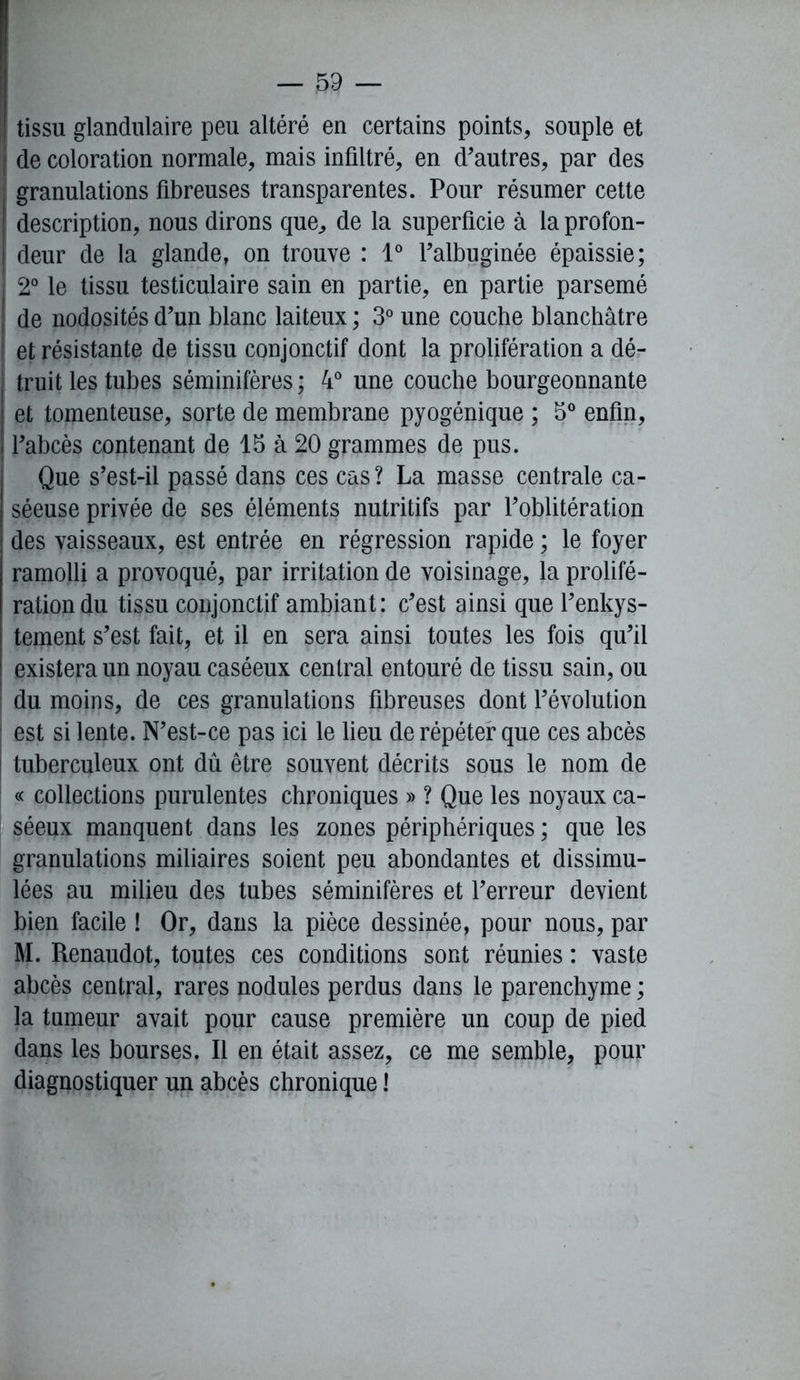 tissu glandulaire peu altéré en certains points, souple et de coloration normale, mais infiltré, en d'autres, par des granulations fibreuses transparentes. Pour résumer cette description, nous dirons que,, de la superficie à la profon- deur de la glande, on trouve : 1° l'albuginée épaissie; 2° le tissu testiculaire sain en partie, en partie parsemé de nodosités d'un blanc laiteux ; 3° une couche blanchâtre et résistante de tissu conjonctif dont la prolifération a dé- truit les tubes séminifères ; 4° une couche bourgeonnante et tomenteuse, sorte de membrane pyogénique ; 5° enfin, j l'abcès contenant de 15 à 20 grammes de pus. Que s'est-il passé dans ces cas ? La masse centrale ca- séeuse privée de ses éléments nutritifs par l'oblitération des vaisseaux, est entrée en régression rapide ; le foyer ramolli a provoqué, par irritation de voisinage, la prolifé- ration du tissu conjonctif ambiant: c'est ainsi que l'enkys- tement s'est fait, et il en sera ainsi toutes les fois qu'il existera un noyau caséeux central entouré de tissu sain, ou du moins, de ces granulations fibreuses dont l'évolution est si lente. N’est-ce pas ici le lieu de répéter que ces abcès i tuberculeux ont dû être souvent décrits sous le nom de « collections purulentes chroniques » ? Que les noyaux ca- séeux manquent dans les zones périphériques ; que les granulations miliaires soient peu abondantes et dissimu- lées au milieu des tubes séminifères et l'erreur devient bien facile ! Or, dans la pièce dessinée, pour nous, par M. Renaudot, toutes ces conditions sont réunies : vaste abcès central, rares nodules perdus dans le parenchyme ; la tumeur avait pour cause première un coup de pied dans les bourses. Il en était assez, ce me semble, pour diagnostiquer un abcès chronique !