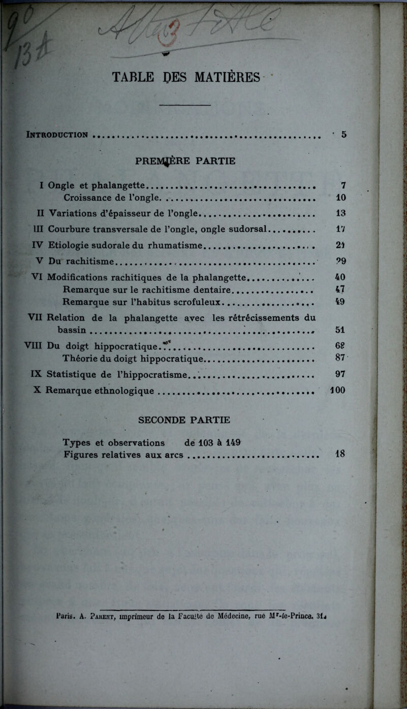 TABLE DES MATIÈRES Introduction * 5 PREMIÈRE PARTIE I Ongle et phalangette 7 Croissance de l’ongle 10 II Variations d’épaisseur de l’ongle 13 III Courbure transversale de l’ongle, ongle sudorsal 17 IV Etiologie sudorale du rhumatisme . 21 V Du rachitisme ?9 VI Modifications rachitiques de la phalangette 40 Remarque sur le rachitisme dentaire 47 Remarque sur l’habitus scrofuleux 49 VII Relation de la phalangette avec les rétrécissements du bassin i » 51 VIII Du doigt hippocratique.?! 62 Théorie du doigt hippocratique 87 IX Statistique de l’hippocratisme. 97 X Remarque ethnologique 100 SECONDE PARTIE Types et observations de 103 à 149 Figures relatives aux arcs 18 Paris. A. Pahent, imprimeur de la Faculté de Médecine, rue MMe-Princa, 31*