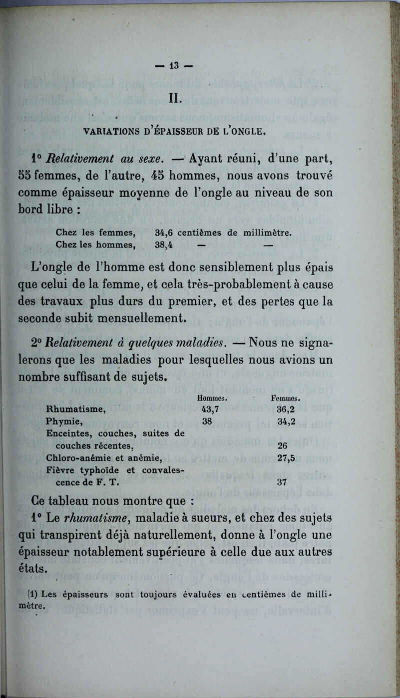 VARIATIONS D’ÉPAISSEUR DE L’ONGLE, 1° Relativement au sexe. — Ayant réuni, d’une part, 55 femmes, de l’autre, 45 hommes, nous avons trouvé comme épaisseur moyenne de l’ongle au niveau de son bord libre : Chez les femmes, 34,6 centièmes de millimètre. Chez les hommes, 38,4 — — L’ongle de l’homme est donc sensiblement plus épais que celui de la femme, et cela très-probablement à cause des travaux plus durs du premier, et des pertes que la seconde subit mensuellement. 2° Relativement à quelques maladies. — Nous ne signa- lerons que les maladies pour lesquelles nous avions un nombre suffisant de sujets. Hommes. Femmes Rhumatisme, 43,7 36,2 Phymie, 38 34,2 Enceintes, couches, suites de couches récentes, 26 Chloro-anémie et anémie, 27,5 Fièvre typhoïde et convales- cence de F. T. 37 Ce tableau nous montre que • 1° Le rhumatisme, maladie à sueurs, et chez des sujets qui transpirent déjà naturellement, donne à l’ongle une épaisseur notablement supérieure à celle due aux autres états. (1) Les épaisseurs sont toujours évaluées eu centièmes de milli- mètre.