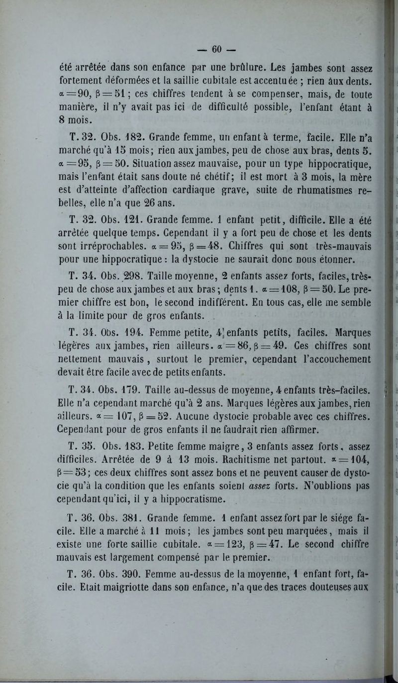 été arrêtée dans son enfance par une brûlure. Les jambes sont assez fortement déformées et la saillie cubitale est accentuée ; rien âux dents. = 90, fi = 51; ces chiffres tendent à se compenser, mais, de toute manière, il n’y avait pas ici de difficulté possible, l’enfant étant à 8 mois. T.32. Obs. J82. Grande femme, un enfanta terme, facile. Elle n’a marché qu’à 15 mois; rien aux jambes, peu de chose aux bras, dents 5. a =95, p = 50. Situation assez mauvaise, pour un type hippocratique, mais l’enfant était sans doute né chétif; il est mort à 3 mois, la mère est d’atteinte d’affection cardiaque grave, suite de rhumatismes re- belles, elle n’a que 26 ans. T. 32. Obs. 121. Grande femme. 1 enfant petit, difficile. Elle a été arrêtée quelque temps. Cependant il y a fort peu de chose et les dents sont irréprochables, a = 95, fi = 48, Chiffres qui sont très-mauvais pour une hippocratique : la dystocie ne saurait donc nous étonner. T. 34. Obs. 298. Taille moyenne, 2 enfants assez forts, faciles, très- peu de chose aux jambes et aux bras ; dents 1. a = 108, fi = 50. Le pre- mier chiffre est bon, le second indifférent. En tous cas, elle me semble à la limite pour de gros enfants. T. 34. Obs. 194. Femme petite, enfants petits, faciles. Marques légères aux jambes, rien ailleurs, a = 86, fi = 49. Ces chiffres sont nettement mauvais, surtout le premier, cependant l’accouchement devait être facile avec de petits enfants. T. 34. Obs. 179. Taille au-dessus de moyenne, 4 enfants très-faciles. Elle n’a cependant marché qu’à 2 ans. Marques légères aux jambes, rien ailleurs. «= 107, fi = 52. Aucune dystocie probable avec ces chiffres. Cependant pour de gros enfants il ne faudrait rien affirmer. T. 35. Obs. 183. Petite femme maigre, 3 enfants assez forts, assez difficiles. Arrêtée de 9 à 13 mois. Rachitisme net partout, » = 104, fi = 53; ces deux chiffres sont assez bons et ne peuvent causer de dysto- cie qu’à la condition que les enfants soienl assez forts. N’oublions pas cependant qu’ici, il y a hippocratisme. T. 36. Obs. 381. Grande femme. 1 enfant assez fort par le siège fa- cile. Elle a marché à 11 mois; les jambes sont peu marquées, mais il existe une forte saillie cubitale, <* = 123, fi = 47. Le second chiffre mauvais est largement compensé par le premier. T. 36. Obs. 390. Femme au-dessus de la moyenne, 1 enfant fort, fa- cile. Etait maigriotte dans son enfance, n’a que des traces douteuses aux