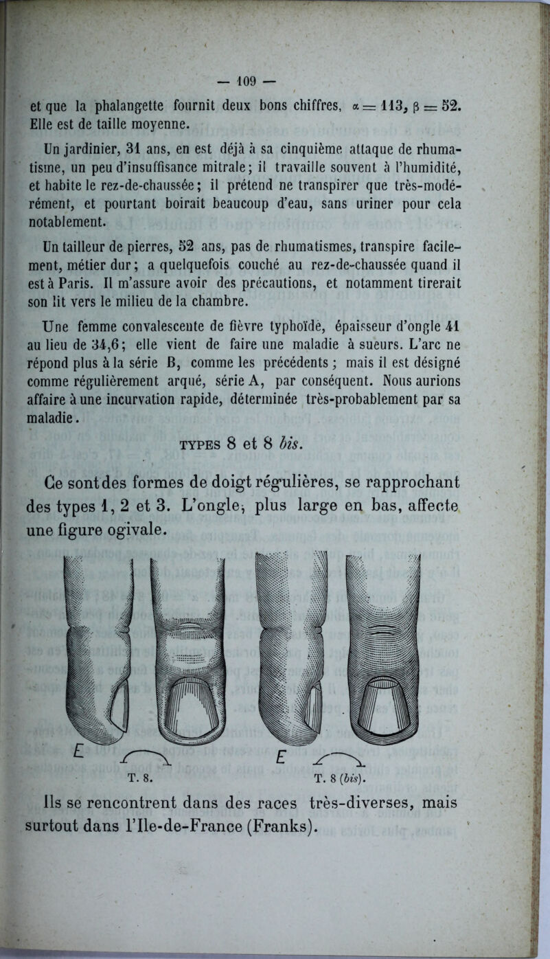 et que la phalangette fournit deux bons chiffres, a = 113, p = 52. Elle est de taille moyenne. Un jardinier, 31 ans, en est déjà à sa cinquième attaque de rhuma- tisme, un peu d’insuffisance mitrale; il travaille souvent à l’humidité, et habite le rez-de-chaussée ; il prétend ne transpirer que très-modé- rément, et pourtant boirait beaucoup d’eau, sans uriner pour cela notablement. Un tailleur de pierres, 52 ans, pas de rhumatismes, transpire facile- ment, métier dur ; a quelquefois couché au rez-de-chaussée quand il est à Paris. Il m’assure avoir des précautions, et notamment tirerait son lit vers le milieu de la chambre. Une femme convalescente de fièvre typhoïdè, épaisseur d’ongle 41 au lieu de 34,6; elle vient de faire une maladie à sueurs. L’arc ne répond plus à la série B, comme les précédents ; mais il est désigné comme régulièrement arqué, série A, par conséquent. Nous aurions affaire aune incurvation rapide, déterminée très-probablement par sa maladie. types 8 et 8 bis. Ce sont des formes de doigt régulières, se rapprochant des types 1,2 et 3. L’ongle^ plus large en bas, affecte une figure ogivale. . T. 8. T. 8 (bis). Ils se rencontrent dans des races très-diverses, mais surtout dans l’Ile-de-France (Franks).