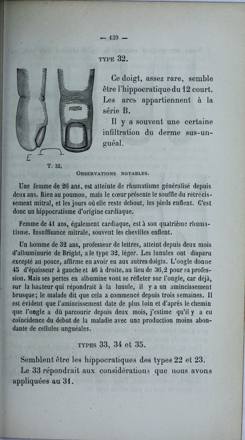 — 130 — TYPE 32. Ce doigt, assez rare, semble être l’hippocratique du 12 court. Les arcs appartiennent à la série B. Il y a souvent une certaine infiltration du derme sus-un- guéal. Une femme de 26 ans, est atteinte de rhumatisme généralisé depuis deux ans. Rien au poumon, mais le cœur présente le souffle du rétrécis- sement mitral, et les jours ou elle reste debout, les pieds enflent. C’est donc un hippocratisme d’origine cardiaque. Femme de 41 ans, également cardiaque, est à son quatrième rhuma- tisme. Insuffisance mitrale, souvent les chevilles enflent. Un homme de 32 ans, professeur de lettres, atteint depuis deux mois d’albuminurie de Bright, ale type 32, léger. Les lunules ont disparu excepté au pouce, affirme en avoir eu aux autres doigts. L’ongle donne 45 d’épaisseur à gauche et 46 à droite, au lieu de 36,2 pour sa profes- sion. Mais ses pertes en albumine vont se réfleter sur l’ongle, car déjà, sur la hauteur qui répondrait à la lunule, il y a un amincissement brusque; le malade dit que cela a commencé depuis trois semaines. Il est évident que l’amincissement date de plus loin et d’après le chemin que l’ongle a dû parcourir depuis deux mois, j’estime qu’il y a eu coïncidence du début de la maladie avec une production moins abon- dante de cellules unguéales. Semblent être les hippocratiques des types 22 et 23. Le 33 répondrait aux considérations que nous avons appliquées au 31.