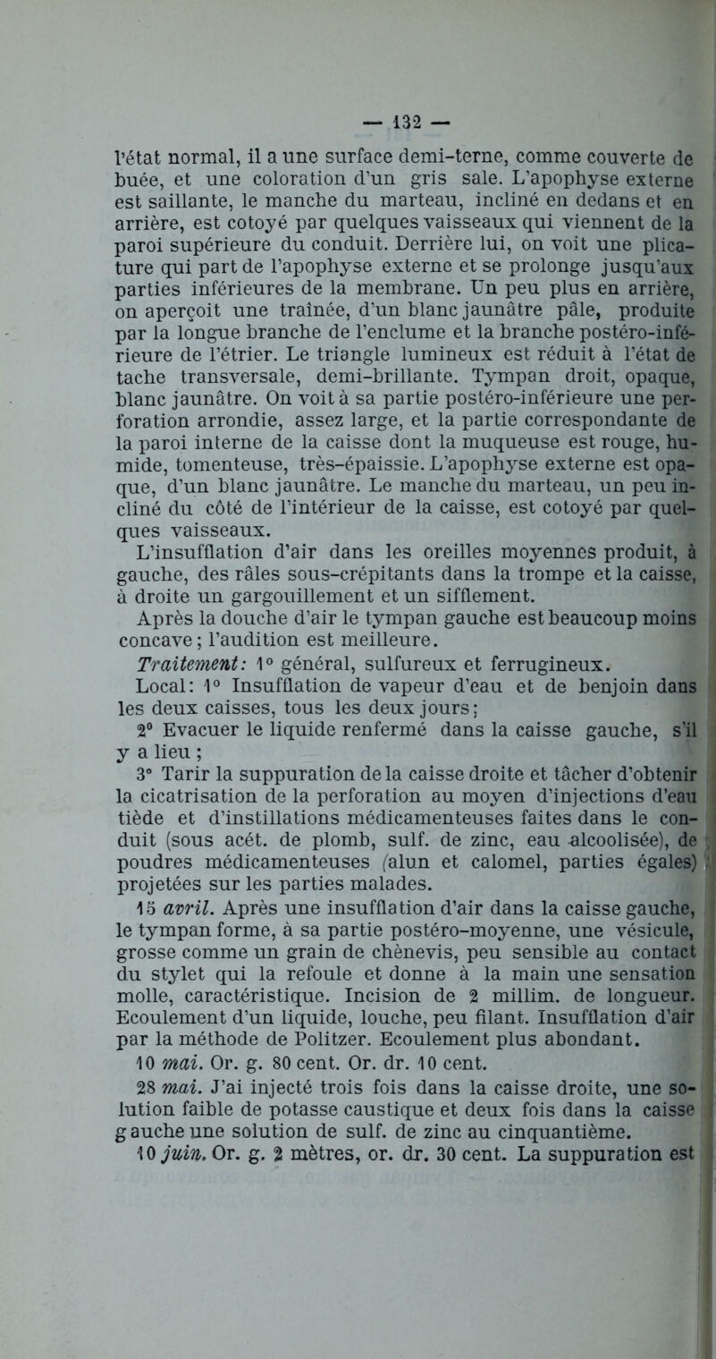 l’état normal, il a une surface demi-terne, comme couverte de buée, et une coloration d’un gris sale. L’apophyse externe est saillante, le manche du marteau, incliné en dedans et en arrière, est cotoyé par quelques vaisseaux qui viennent de la paroi supérieure du conduit. Derrière lui, on voit une plica- ture qui part de l’apophyse externe et se prolonge jusqu’aux parties inférieures de la membrane. Un peu plus en arrière, on aperçoit une traînée, d’un blanc jaunâtre pâle, produite par la longue branche de l’enclume et la branche postéro-infé- rieure de l’étrier. Le triangle lumineux est réduit à l’état de tache transversale, demi-brillante. Tympan droit, opaque, blanc jaunâtre. On voit à sa partie postéro-inférieure une per- foration arrondie, assez large, et la partie correspondante de la paroi interne de la caisse dont la muqueuse est rouge, hu- mide, tomenteuse, très-épaissie. L’apophyse externe est opa- que, d’un blanc jaunâtre. Le manche du marteau, un peu in- cliné du côté de l’intérieur de la caisse, est cotoyé par quel- ques vaisseaux. L’insufflation d’air dans les oreilles moyennes produit, à gauche, des râles sous-crépitants dans la trompe et la caisse, à droite un gargouillement et un sifflement. Après la douche d’air le tympan gauche est beaucoup moins concave; l’audition est meilleure. Traitement: 1° général, sulfureux et ferrugineux. Local: 1° Insufflation de vapeur d’eau et de benjoin dans les deux caisses, tous les deux jours; 2° Evacuer le liquide renfermé dans la caisse gauche, s'il y a lieu ; 3° Tarir la suppuration delà caisse droite et tâcher d’obtenir la cicatrisation de la perforation au moyen d’injections d’eau tiède et d’instillations médicamenteuses faites dans le con- duit (sous acét. de plomb, suif, de zinc, eau -alcoolisée), de poudres médicamenteuses (alun et calomel, parties égales) projetées sur les parties malades. 15 avril. Après une insufflation d’air dans la caisse gauche, le tympan forme, à sa partie postéro-moyenne, une vésicule, grosse comme un grain de chènevis, peu sensible au contact du stylet qui la refoule et donne à la main une sensation molle, caractéristique. Incision de 2 millim. de longueur. Ecoulement d’un liquide, louche, peu filant. Insufflation d’air par la méthode de Politzer. Ecoulement plus abondant. 10 mai. Or. g. 80 cent. Or. dr. 10 cent. 28 mai. J’ai injecté trois fois dans la caisse droite, une so- lution faible de potasse caustique et deux fois dans la caisse g auche une solution de suif, de zinc au cinquantième. 10 juin. Or. g. 2 mètres, or. dr. 30 cent. La suppuration est