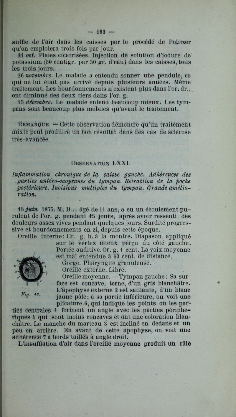 suffle de l’air dans les caisses par le procédé de Politzer qu’on emploiera trois fois par jour. 21 oct. Plaies cicatrisées. Injection dë solution d’iodure de potassium (50 centigr. par 30 gr. d’eau) dans les caisses, tous les trois jours. 26 novembre. Le malade a entendu sonner uüe pendule, ce qui ne lui était pas arrivé depuis plusieurs années. Même traitement. Les bourdonnements n’existent plus dans l’or, dr.; ont diminué des deux tiers dans l’or. g. 15 décembre. Le malade entend beaucoup mieux. Les tym- pans sont beaucoup plus mobiles qu’avant le traitement. Remarque. — Cette observation démontre qu’un traitement mixte peut produire un boii résultat dans des cas de sclérose très-avancée. Observation LXXI. Inflammation chronique de la caisse gauche. Adhérences des parties antéro-moyennes du tympan. Rétraction de la poche postérieure. Incisions multiples du tympan. Grande amélio- ration. \5juin 1875. M. R... âgé de 11 ans, a eu un écoulement pu- rulent de l’or. g. pendant H> jours, après avoir ressenti des douleurs assez vives pendant quelques jours. Surdité progres- sive et bourdonnements en zi, depuis cette époque. Oreille interne: Cr. g. b. à la montre. Diapason appliqué sur le vertex mieux perçu du côté gauche. Portée auditive. Or. g. 1 cent. La voix moyenne est mal entendue à 60 cent, de distance. Gorge. Pharyngite granuleuse. Oreille externe. Libre. Oreille moyenne. — Tympan gauche : Sa sur- face est concave, terne, d’un gris blanchâtre. L’apophyse externe 2 est saillante, d’üii blanc jaune pâle; à sa partie inférieure, on voit une plicature 6, qui indique les points où les par- ties centrales 1 forment un angle avec les parties périphé- riques 4 qui sont moins concaves et ont une coloration blan- peu en arrière. En avant de cette, apophyse, on voit une adhérence 7 à bords taillés à angle droit. L’inôüffiation d’air dans l’oreille moyenne produit un râle Fit). 16.