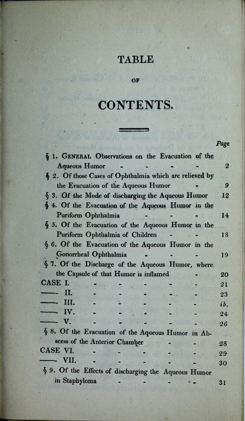 TABLE OF CONTENTS. Page § 1. GENERAL Observations on the Evacuation of the Aqueous Humor - § 2. Of those Cases of Ophthalmia which are relieved by the Evacuation of the Aqueous Humor § 3. Of the Mode of discharging the Aqueous Humor § 4. Of the Evacuation of the Aqueous Humor in the Puriform Ophthalmia - § 5. Of the Evacuation of the Aqueous Humor in the Puriform Ophthalmia of Children § 6. Of the Evacuation of the Aqueous Humor in the Gonorrheal Ophthalmia - § 7. Of the Discharge of the Aqueous Humor, where the Capsule of that Humor is inflamed CASE I. IV § 8. Of the Evacuation of the Aqueous Humor in Ab- scess of the Anterior Chamber CASE VI. . VII § 9. Of the Effects of discharging the Aqueous Humor in Staphyloma - - . . 2 9 12 14 18 19 20 21 23 ib. 24 26 28 29 30 31