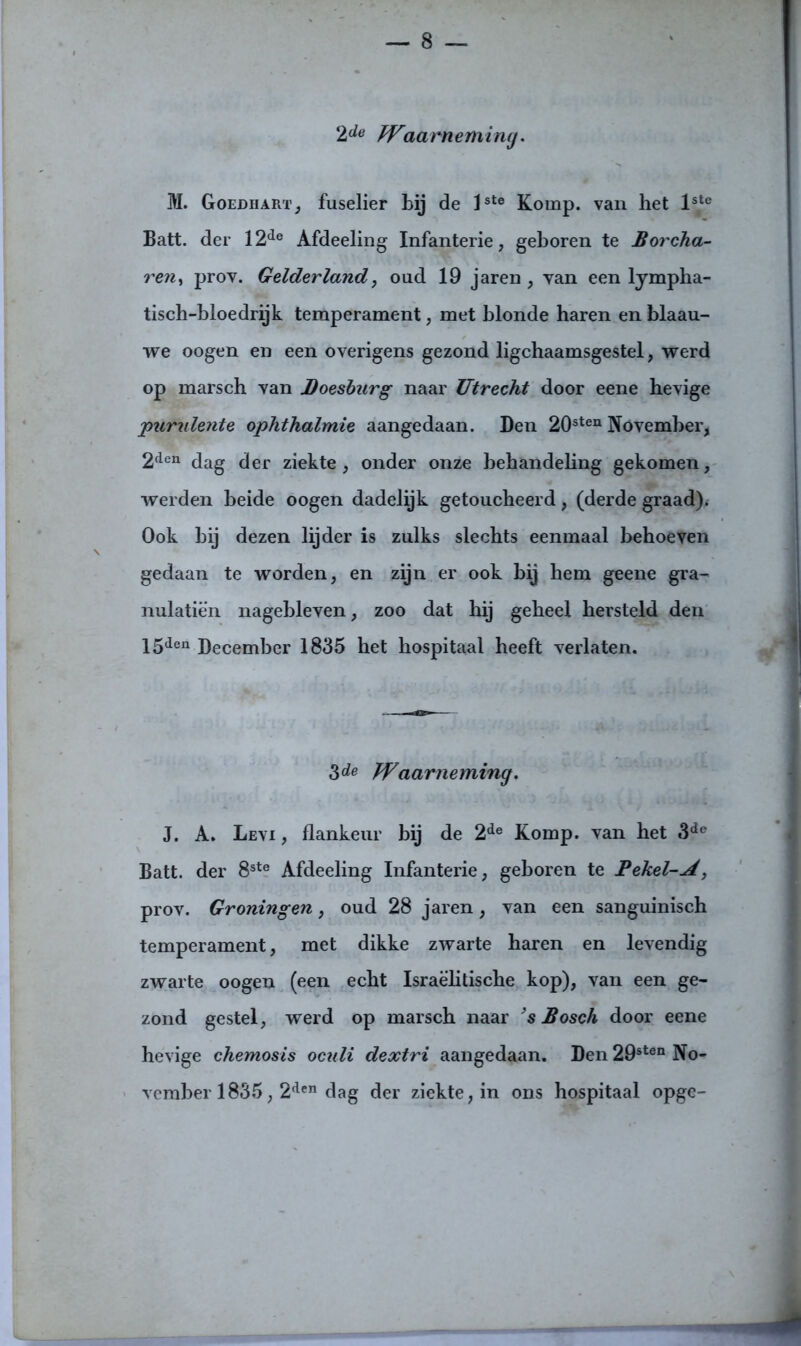 2de Waarneming. M. Goedhart, fuselier bij de lste Koinp. van het lste Batt. der 12de Afdeeling Infanterie, geboren te Borcha- ren, prov. Gelderland, oud 19 jaren , yan een lympha- tisch-bloedrijk temperament, met blonde haren en blaau- we oogen en een overigens gezond ligchaamsgestel, werd op marsch van Doesburg naar Utrecht door eene hevige purulente ophthalmie aangedaan. Den 20sten November, 2den dag der ziekte, onder onze behandeling gekomen, werden beide oogen dadelijk getoucheerd, (derde graad). Ook bij dezen lijder is zulks slechts eenmaal behoeven gedaan te worden, en zijn er ook bij hem geene gra- nulatiën nagebleven, zoo dat hij geheel hersteld den 15den December 1835 het hospitaal heeft verlaten. 3de Waarneming. J. A. Levi , flankeur bij de 2de Komp. van het 3de Batt. der 8ste Afdeeling Infanterie, geboren te Pekel-A> prov. Groningen, oud 28 jaren, van een sanguinisch temperament, met dikke zwarte haren en levendig zwarte oogen (een echt Israëlitische kop), van een ge- zond gestel, werd op marsch naar ’s Bosch door eene hevige chemosis oculi dextri aangedaan. Den 29sten No- vember 1835, 2den dag der ziekte, in ons hospitaal opge-