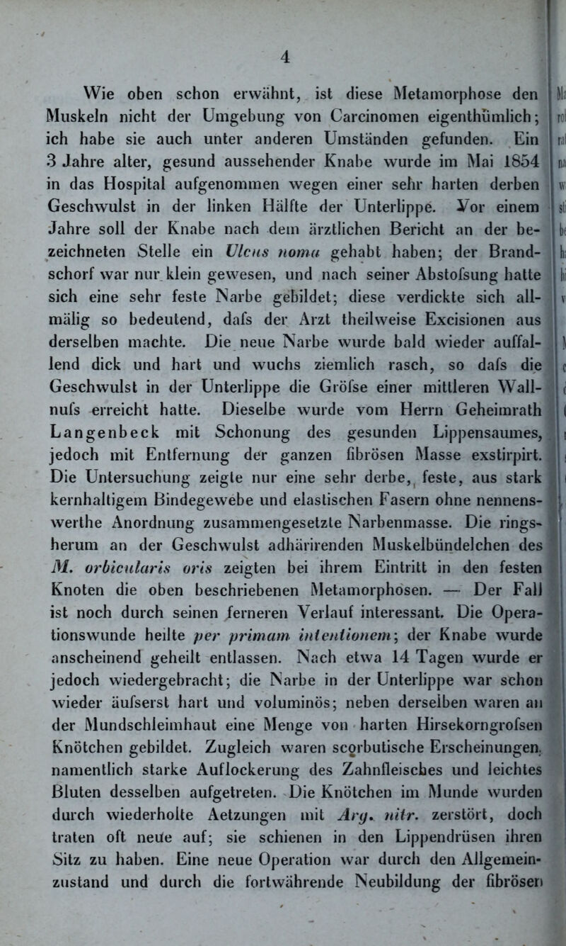 Wie oben schon erwähnt, ist diese Metamorphose den Muskeln nicht der Umgebung von Carcinomen eigentümlich; ich habe sie auch unter anderen Umständen gefunden. Ein 3 Jahre alter, gesund aussehender Knabe wurde im Mai 1854 in das Hospital aufgenommen wegen einer sehr harten derben Geschwulst in der linken Hälfte der Unterlippe. Vor einem Jahre soll der Knabe nach dem ärztlichen Bericht an der be- zeichnten Stelle ein Ulcus normt gehabt haben; der Brand- schorf war nur klein gewesen, und nach seiner Abstofsung hatte sich eine sehr feste Narbe gebildet; diese verdickte sich all- mälig so bedeutend, dafs der Arzt theilweise Excisionen aus derselben machte. Die neue Narbe wurde bald wieder auffal- lend dick und hart und wuchs ziemlich rasch, so dafs die Geschwulst in der Unterlippe die Gröfse einer mittleren Wall- nufs erreicht hatte. Dieselbe wurde vom Herrn Geheimrath Langenbeck mit Schonung des gesunden Lippensaumes, jedoch mit Entfernung der ganzen fibrösen Masse exstirpirt. Die Untersuchung zeigte nur eine sehr derbe, feste, aus stark kernhaltigem Bindegewebe und elastischen Fasern ohne nennens- werthe Anordnung zusammengesetzte Narbenmasse. Die rings- herum an der Geschwulst adhärirenden Muskelbündelchen des M. orbicularis oris zeigten bei ihrem Eintritt in den festen Knoten die oben beschriebenen Metamorphosen. — Der Fall ist noch durch seinen ferneren Verlauf interessant. Die Opera- tionswunde heilte per primam intentionem; der Knabe wurde anscheinend geheilt entlassen. Nach etwa 14 Tagen wurde er jedoch wiedergebracht; die Narbe in der Unterlippe war schon wieder äufserst hart und voluminös; neben derselben waren au der Mundschleimhaut eine Menge von harten Hirsekorngrofsen Knötchen gebildet. Zugleich waren scorbutische Erscheinungen, namentlich starke Auflockerung des Zahnfleisches und leichtes Bluten desselben aufgetreten. Die Knötchen im Munde wurden durch wiederholte Aetzungen mit Arg. mir. zerstört, doch traten oft neue auf; sie schienen in den Lippendrüsen ihren Sitz zu haben. Eine neue Operation war durch den Allgemein- zustand und durch die fortwährende Neubildung der fibrösen