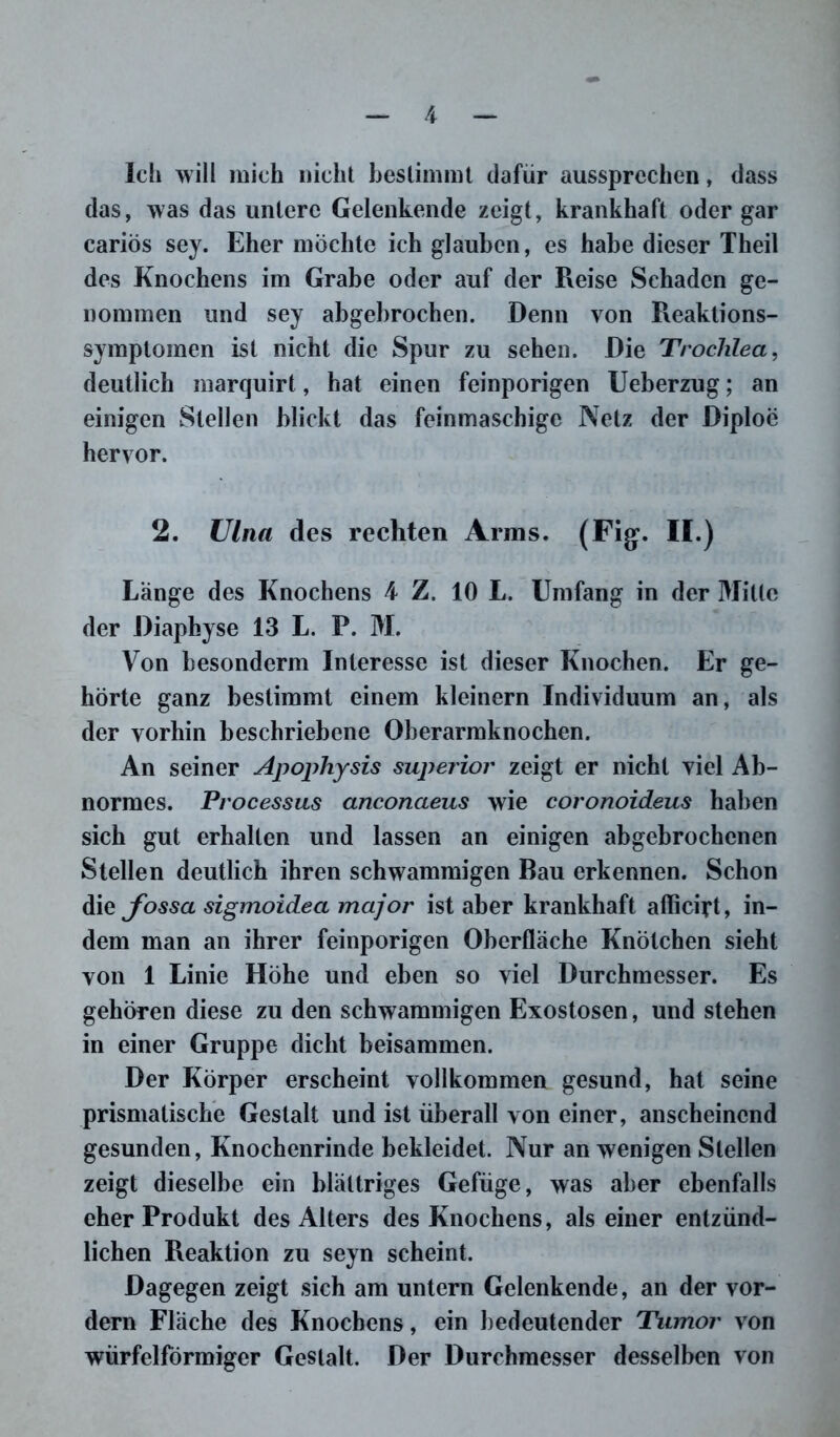 Ich will mich nicht bestimmt dafür aussprechen, dass das, was das untere Gelenkende zeigt, krankhaft oder gar cariös sey. Eher möchte ich glauben, es habe dieser Theil des Knochens im Grabe oder auf der Reise Schaden ge- nommen und sey abgebrochen. Denn von Reaktions- symptomen ist nicht die Spur zu sehen. Die Trochlea, deutlich marquirt, hat einen feinporigen Ueberzug; an einigen Stellen blickt das feinmaschige Netz der Diploe hervor. 2. Ulna des rechten Arms. (Fig. II.) Länge des Knochens 4 Z. 10 L. Umfang in der Milte der Diaphyse 13 L. P. M. Von besonderm Interesse ist dieser Knochen. Er ge- hörte ganz bestimmt einem kleinern Individuum an, als der vorhin beschriebene Oberarmknochen. An seiner Apophysis superior zeigt er nicht viel Ab- normes. Processus anconaeus wie coronoideus haben sich gut erhalten und lassen an einigen abgebrochenen Stellen deutlich ihren schwammigen Bau erkennen. Schon dieybssa sigmoidea major ist aber krankhaft afficiyt, in- dem man an ihrer feinporigen Oberfläche Knötchen sieht von 1 Linie Höhe und eben so viel Durchmesser. Es gehören diese zu den schwammigen Exostosen, und stehen in einer Gruppe dicht beisammen. Der Körper erscheint vollkommen gesund, hat seine prismatische Gestalt und ist überall von einer, anscheinend gesunden, Knochenrinde bekleidet. Nur an wenigen Stellen zeigt dieselbe ein blättriges Gefüge, was aber ebenfalls eher Produkt des Alters des Knochens, als einer entzünd- lichen Reaktion zu seyn scheint. Dagegen zeigt sich am untern Gelenkende, an der vor- dem Fläche des Knochens, ein bedeutender Tumor von würfelförmiger Gestalt. Der Durchmesser desselben von