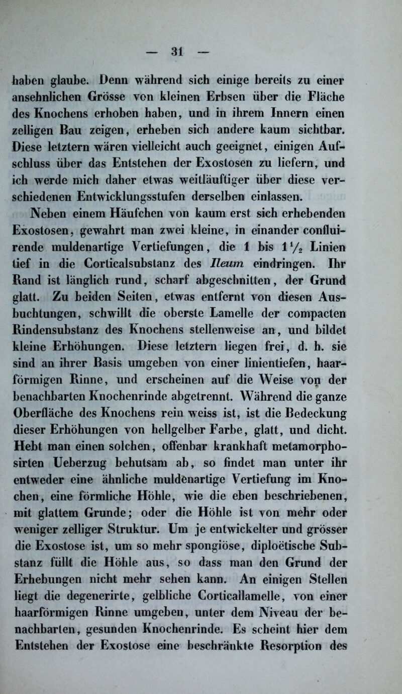 haben glaube. Denn während sich einige bereils zu einer ansehnlichen Grösse von kleinen Erbsen über die Fläche des Knochens erhoben haben, und in ihrem Innern einen zelligen Bau zeigen, erheben sich andere kaum sichtbar. Diese letztem wären vielleicht auch geeignet, einigen Auf- schluss über das Entstehen der Exostosen zu liefern, und ich werde mich daher etwas weitläufiger über diese ver- schiedenen Entwicklungsstufen derselben einlassen. Neben einem Häufchen von kaum erst sich erhebenden Exostosen, gewahrt man zwei kleine, in einander conflui- rende muldenartige Vertiefungen, die 1 bis 1% Linien tief in die Corticalsubstanz des lleum eindringen. Ihr Rand ist länglich rund, scharf abgeschnitten, der Grund glatt. Zu beiden Seiten, etwas entfernt von diesen Aus- buchtungen, schwillt die oberste Lamelle der compacten Rindensubstanz des Knochens stellenweise an, und bildet kleine Erhöhungen. Diese letztem liegen frei, d. h. sie sind an ihrer Basis umgeben von einer linientiefen, haar- förmigen Rinne, und erscheinen auf die Weise von der benachbarten Knochenrinde abgetrennt. Während die ganze Oberfläche des Knochens rein weiss ist, ist die Bedeckung dieser Erhöhungen von hellgelber Farbe, glatt, und dicht. Hebt man einen solchen, offenbar krankhaft metamorpho- sirten Ueberzug behutsam ab, so findet man unter ihr entweder eine ähnliche muldenartige Vertiefung im Kno- chen, eine förmliche Hohle, wie die eben beschriebenen, mit glattem Grunde; oder die Höhle ist von mehr oder weniger zelliger Struktur. Um je entwickelter und grösser die Exostose ist, um so mehr spongiöse, diploetiscbe Sub- stanz füllt die Höhle aus, so dass man den Grund der Erhebungen nicht mehr sehen kann. An einigen Stellen liegt die degenerirte, gelbliche Corticallamelle, von einer haarförmigen Rinne umgeben, unter dem Niveau der be- nachbarten, gesunden Knochenrinde. Es scheint hier dem Entstehen der Exostose eine beschränkte Resorption des