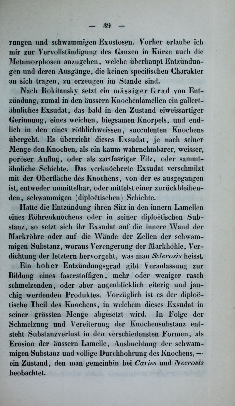 rungen und schwammigen Exostosen. Vorher erlaube ich mir zur Vervollständigung des Ganzen in Kürze auch die Metamorphosen anzugeben, welche überhaupt Entzündun- gen und deren Ausgänge, die keinen specifischen Charakter an sich tragen, zu erzeugen im Stande sind. Nach Rokitansky setzt ein mässigerGrad von Ent- zündung, zumal in den äussern Knochenlamellen ein gallert- ähnliches Exsudat, das bald in den Zustand eiweissartiger Gerinnung, eines weichen, biegsamen Knorpels, und end- lich in den eines röthlichweissen, succulenten Knochens übergeht. Es überzieht dieses Exsudat, je nach seiner Menge den Knochen, als ein kaum wahrnehmbarer, weisser, poröser Anflug, oder als zartfasriger Filz, oder sammt- ähnliche Schichte. Das verknöcherte Exsudat verschmilzt mit der Oberfläche des Knochens, von der es ausgegangen ist, entweder unmittelbar, oder mittelst einer zurückbleiben- den, schwammigen (diploetischen) Schichte. Hatte die Entzündung ihren Sitz in den innern Lamellen eines Röhrenknochens oder in seiner diploetischen Sub- stanz, so setzt sich ihr Exsudat auf die innere Wand der Markröhre oder auf die Wände der Zellen der schwam- migen Substanz, woraus Verengerung der Markhöhle, Ver- dichtung der letztem hervorgeht, was man Sclerosis heisst. Ein hoher Entzündungsgrad gibt Veranlassung zur Bildung eines faserstoffigen, mehr oder weniger rasch schmelzenden, oder aber augenblicklich eiterig und jau- chig werdenden Produktes. Vorzüglich ist es der diploe- tische Thcil des Knochens, in welchem dieses Exsudat in seiner grössten Menge abgesetzt wird. In Folge der Schmelzung und Vereiterung der Knochensubstanz ent- steht Substanz Verlust in den verschiedensten Formen, als Erosion der äussern Lamelle, Ausbuchtung der schwam- migen Substanz und völlige Durchbohrung des Knochens, — ein Zustand, den man gemeinhin bei Caries und Necrosis beobachtet.