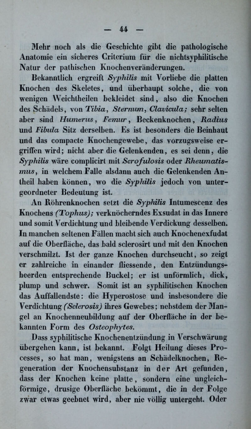 Mehr noch als die Geschichte gibt die pathologische Anatomie ein sicheres Criterium für die nichtsyphilitische Natur der pathischen Knochenveränderungen. Bekanntlich ergreift Syphilis mit Vorliebe die platten Knochen des Skeletes, und überhaupt solche, die von wenigen Weichtheilen bekleidet sind, also die Knochen des Schädels, von Tibia, Sternum, Clavicula; sehr selten aber sind Humerus, Femur, Beckenknochen, Radius und Fibula Sitz derselben. Es ist besonders die Beinhaut und das compacte Knochengewebe, das vorzugsweise er- griffen wird; nicht aber die Gelenkenden, es sei denn, die Syphilis wäre complicirt mit Scrofulosis oder Rheumatis- mus, in welchem Falle alsdann auch die Gelenkenden An- theil haben können, wo die Syphilis jedoch von unter- geordneter Bedeutung ist. An Röhrenknochen setzt die Syphilis Intumescenz des Knochens (Tophus); verknöcherndes Exsudat in das Innere und somit Verdichtung und bleibende Verdickung desselben. In manchen seltenen Fällen macht sich auch Knochenexfudat auf die Oberfläche, das bald sclerosirt und mit den Knochen verschmilzt. Ist der ganze Knochen durchseucht, so zeigt er zahlreiche in einander fliessende, den Entzündungs- heerden entsprechende Buckel; er ist unförmlich, dick, plump und schwer. Somit ist an syphilitischen Knochen das Auffallendste: die Hyperostose und insbesondere die Verdichtung (Sclerosis) ihres Gewebes; nebstdem der Man- gel an Knochenneubildung auf der Oberfläche in der be- kannten Form des Osteophytes. Dass syphilitische Knochenentzündung in Verschwärung übergehen kann, ist bekannt. Folgt Heilung dieses Pro- cesses, so hat man, wenigstens an Schädelknochen, Re- generation der Knochensubstanz in der Art gefunden, dass der Knochen keine platte, sondern eine ungleich- förmige, drüsige Oberfläche bekömmt, die in der Folge zwar etwas geebnet wird, aber nie völlig untergeht. Oder