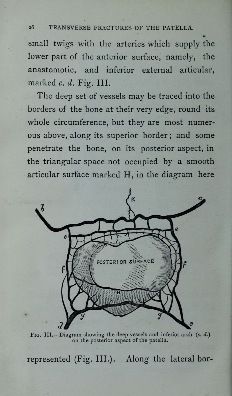 small twigs with the arteries which supply the lower part of the anterior surface, namely, the anastomotic, and inferior external articular, marked c. d. Fig. III. The deep set of vessels may be traced into the borders of the bone at their very edge, round its whole circumference, but they are most numer- ous above, along its superior border; and some penetrate the bone, on its posterior aspect, in the triangular space not occupied by a smooth articular surface marked H, in the diagram here Fig. III.—Diagram showing the deep vessels and inferior arch (c. d.) on the posterior aspect of the patella. represented (Fig. III.). Along the lateral bor-