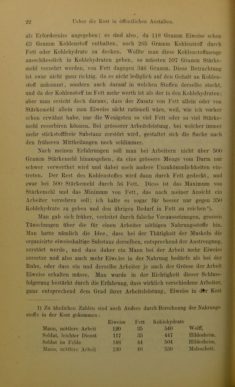 als Erforderniss angegeben; es sind also, da 118 Gramm Eiweiss schon 63 Gramm Kohlenstoff enthalten, noch 265 Gramm Kohlenstoff durch Fett oder Kohlehydrate zu decken. Wollte man diese Kohlenstoffmenge ausschliesslich in Kohlehydraten geben, so müssten 597 Gramm Stärke- mehl verzehrt werden, von Fett dagegen 346 Gramm. Diese Betrachtung ist zwar nicht ganz richtig, da es nicht lediglich auf den Gehalt an Kohlen- stoff ankommt, sondern auch darauf in welchen Stoffen derselbe steckt, und da der Kohlenstoff im Fett mehr werth ist als der in den Kohlehydraten; aber man ersieht doch daraus, dass der Zusatz von Fett allein oder von Stärkemehl allein zum Eiweiss nicht rationell wäre, weil, wie ich vorher schon erwähnt habe, nur die Wenigsten so viel Fett oder so viel Stärke- mehl resorbiren können. Bei grösserer Arbeitsleistung, bei welcher immer mehr stickstofffreie Substanz zerstört wird, gestaltet sich die Sache nach den früheren Mittheilungen noch schlimmer. Nach meinen Erfahrungen soll man bei Arbeitern nicht über 500 Gramm Stärkemehl hinausgehen, da eine grössere Menge vom Darm nur schwer verwerthet wird und dabei noch andere Unzukömmlichkeiten ein- treten. Der Rest des Kohlenstoffes wird dann durch Fett gedeckt , und zwar bei 500 Stärkemehl durch 56 Fett. Diess ist das Maximum von Stärkemehl und das Minimum von Fett, das nach meiner Ansicht ein Arbeiter verzehren soll; ich halte es sogar für besser nur gegen 350 Kohlehydrate zu geben und den übrigen Bedarf in Fett zu reichen ‘). Man gab sich früher, verleitet durch falsche Voraussetzungen, grossen Täuschungen über die für einen Arbeiter nöthigen Nahrungsstoffe hin. Man hatte nämlich die Idee, dass bei der Thätigkeit der Muskeln die organisirte eiweisshaltige Substanz derselben, entsprechend der Anstrengung, zerstört werde, und dass daher ein Mann bei der Arbeit mehr Eiweiss zersetze und also auch mehr Eiweiss in der Nahrung bedürfe als bei der Ruhe, oder dass ein und derselbe Arbeiter je nach der Grösse der Arbeit Eiweiss erhalten müsse. Man wurde in der Richtigkeit dieser Schluss- folgerung bestärkt durch die Erfahrung, dass wirklich verschiedene Arbeiter, ganz entsprechend dem Grad ihrer Arbeitsleistung, Eiweiss in d%r Kost 1) Zu ähnlichen Zahlen sind auch Andere durch Berechnung der Nahrungs- Stoffe in der Kost gekommen : Mann, mittlere Arbeit Eiweiss 120 Fett 35 Kohlehydrate 540 Wolff, Soldat, leichter Dienst 117 35 447 Hildesheim, Soldat im Felde 146 44 504 Hildesheim, Mann, mittlere Arbeit 130 40 550 Moleschott.