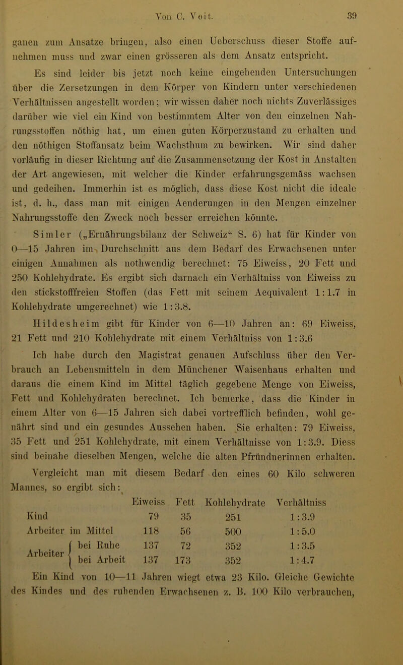 ganen zum Ansätze bringen, also einen Ueberschuss dieser Stoffe auf- nehmen muss und zwar einen grösseren als dem Ansatz entspricht. Es sind leider bis jetzt noch keine eingehenden Untersuchungen über die Zersetzungen in dem Körper von Kindern unter verschiedenen Verhältnissen angestellt worden; wir wissen daher noch nichts Zuverlässiges darüber wie viel ein Kind von bestimmtem Alter von den einzelnen Nah- rungsstoffen nöthig hat, um einen guten Körperzustand zu erhalten und den nöthigen Stoffansatz beim Wachsthum zu bewirken. Wir sind daher vorläufig in dieser Richtung auf die Zusammensetzung der Kost in Anstalten der Art angewiesen, mit welcher die Kinder erfahrungsgemäss wachsen und gedeihen. Immerhin ist es möglich, dass diese Kost nicht die ideale ist, d. h., dass man mit einigen Aenderungen in den Mengen einzelner Nahrungsstoffe den Zweck noch besser erreichen könnte. Simler („Ernährungsbilanz der Schweiz1“ S. 6) hat für Kinder von 0—15 Jahren im . Durchschnitt aus dem Bedarf des Erwachsenen unter einigen Annahmen als nothwendig berechnet: 75 Eiweiss, 20 Fett und 250 Kohlehydrate. Es ergibt sich darnach ein Verhältniss von Eiweiss zu den stickstofffreien Stoffen (das Fett mit seinem Aequivalent 1:1.7 in Kohlehydrate umgerechnet) wie 1:3.8. Hildes heim gibt für Kinder von 6—10 Jahren an: 69 Eiweiss, 21 Fett und 210 Kohlehydrate mit einem Verhältniss von 1:3.6 Ich habe durch den Magistrat genauen Aufschluss über den Ver- brauch an Lebensmitteln in dem Münchener Waisenhaus erhalten und daraus die einem Kind im Mittel täglich gegebene Menge von Eiweiss, Fett und Kohlehydraten berechnet. Ich bemerke, dass die Kinder in einem Alter von 6—15 Jahren sich dabei vortrefflich befinden, wohl ge- nährt sind und ein gesundes Aussehen haben. Sie erhalten: 79 Eiweiss, / 35 Fett und 251 Kohlehydrate, mit einem Verhältnisse von 1:3.9. Diess sind beinahe dieselben Mengen, welche die alten Pfründnerinnen erhalten. Vergleicht man mit diesem Bedarf den eines 60 Kilo schweren Mannes, so ergibt sich: Eiweiss Fett Kohlehydrate Verhältniss Kind 79 35 251 1:3.9 Arbeiter im Mittel 118 56 500 1:5.0 ( bei Ruhe 137 72 352 1:3.5 Arhpit.p.r / 1 bei Arbeit 137 173 352 1:4.7 Ein Kind von 10—11 Jahren wiegt etwa 23 Kilo. Gleiche Gewichte des Kindes und des ruhenden Erwachsenen z. 13. 100 Kilo verbrauchen,