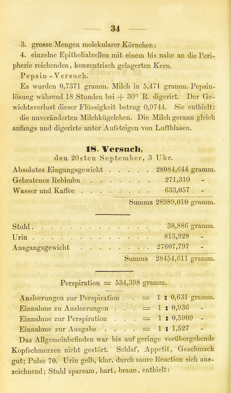 3. grosse Mengen molekularer Körnchen; 4. einzelne Epithelialzellen mit einem bis nabe an die Peri- pherie reichenden, konzentrisch gelagerten Kern. Pepsin -Versuch. Es wurden 0,7371 gramm. Milch in 5,471 gramm. Pepsin- lösung während 18 Stunden bei -j- 30° R. digerirt. Der Ge- wichtsverlust dieser Flüssigkeit betrug 0,9744. Sie enthielt: die unveränderten Milchkügelchen. Die Milch gerann gleich anfangs und digerirte unter Aufsteigen von Luftblasen. 18. VersncI», den 20sten September, 3 Uhr. Absolutes Eingangsgewicht 28084,644 gramm. Gebratenes Rebhuhn 271,310 Wasser und Kaffee 633,057 Summa 28989,010 gramm. Stuhl 38,886 gramm. Urin 813,928 Ausgangsgewicht 27607,797 Summa 28454,611 gramm. Perspiration = 534,398 gramm. Ausleerungen zur Perspiration . . = 1 ! 0,631 gramm. Einnahme zu Ausleerungen 1 . . = 1 S 0,936 Einnahme zur Perspiration . . . = ' 1 5 0,5909 Einnahme zur Ausgabe . . . . = 1 8 1,527 Das Allgemeinbefinden war bis auf geringe vorübergehende Kopfschmerzen nicht gestört. Schlaf, Appetit, Geschmack gut; Pulse 70. Urin gelb, klar, durch saure Reaction sich aus- zeichnend; Stuhl sparsam, hart, braun, enthielt: