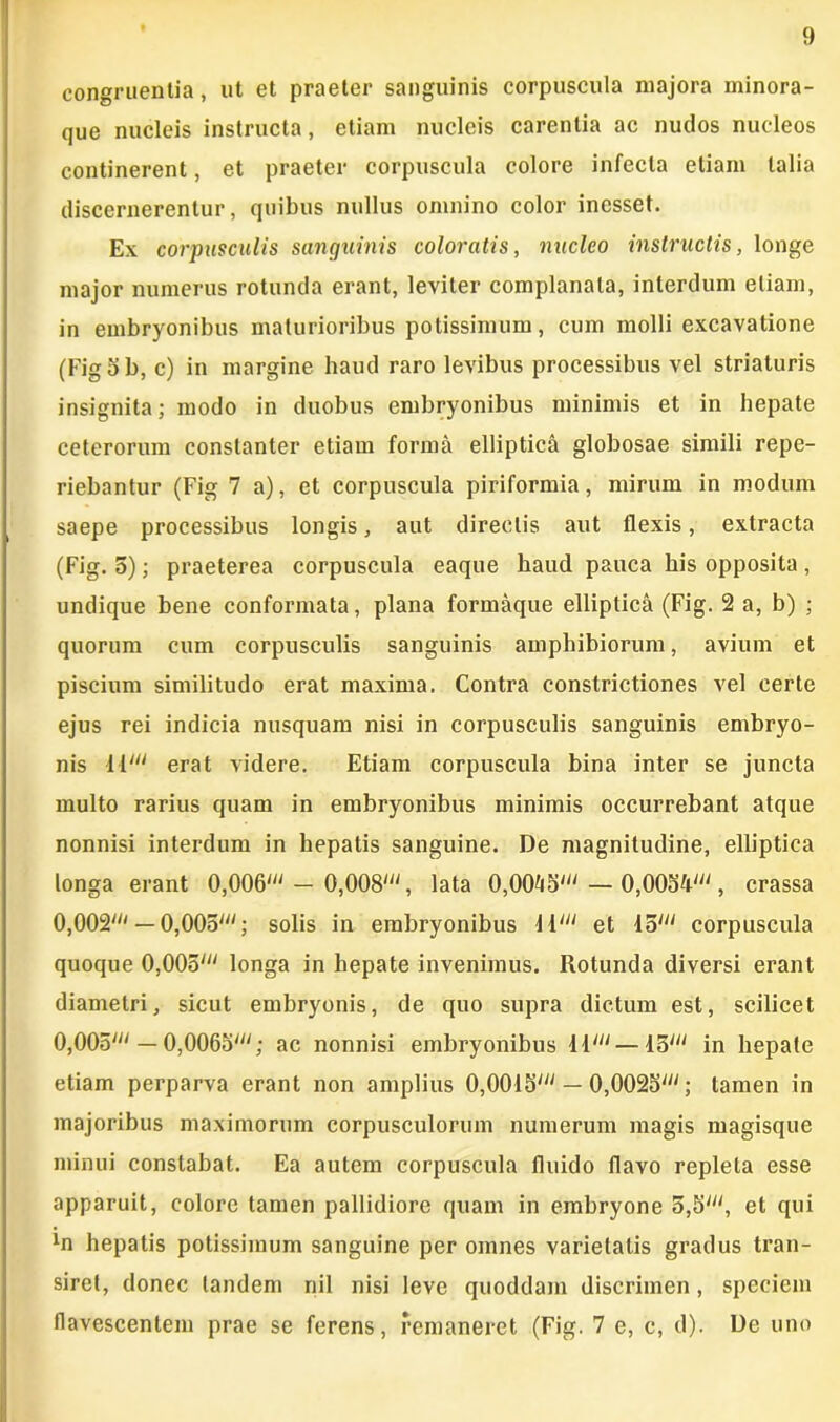 congruentia, ut et praeter sanguinis corpuscula majora minora- que nucleis instructa, etiam nucleis carentia ac nudos nucleos continerent, et praeter corpuscula colore infecta etiam talia discernerentur, quibus nullus omnino color inesset. Ex corpusculis sanguinis coloratis, nucleo instructis, longe major numerus rotunda erant, leviter complanata, interdum etiam, in embryonibus maturioribus potissimum, cum molli excavatione (FigSb, c) in margine haud raro levibus processibus vel striaturis insignita; modo in duobus embryonibus minimis et in bepate ceterorum constanter etiam forma elliptica globosae simili repe- riebantur (Fig 7 a), et corpuscula piriformia, mirum in modum saepe processibus longis, aut directis aut flexis, extracta (Fig. 5); praeterea corpuscula eaque haud pauca his opposita, undique bene conformata, plana formaque elliptica (Fig. 2 a, b) ; quorum cum corpusculis sanguinis amphibiorum, avium et piscium similitudo erat maxima. Contra constrictiones vel certe ejus rei indicia nusquam nisi in corpusculis sanguinis embryo- nis 11' erat videre. Etiam corpuscula bina inter se juncta multo rarius quam in embryonibus minimis occurrebant atque nonnisi interdum in hepatis sanguine. De magnitudine, elliptica longa erant 0,006' — 0,008', lata 0,0045'— 0,0054', crassa 0,002' — 0,005'; solis in embryonibus 11' et 15' corpuscula quoque 0,005' longa in hepate invenimus. Rotunda diversi erant diametri, sicut embryonis, de quo supra dictum est, scilicet 0,005' — 0,0065'; ac nonnisi embryonibus 11' —15' in hepate etiam perparva erant non amplius 0,0015' — 0,0025'; tamen in majoribus maximorum corpusculorum numerum magis magisque minui constabat. Ea autem corpuscula fluido flavo repleta esse apparuit, colore tamen pallidiore quam in embryone 5,5', et qui xn hepatis potissimum sanguine per omnes varietatis gradus tran- siret, donec tandem nil nisi leve quoddam discrimen, speciem flavescentem prae se ferens, remaneret (Fig. 7 e, c, d). De uno