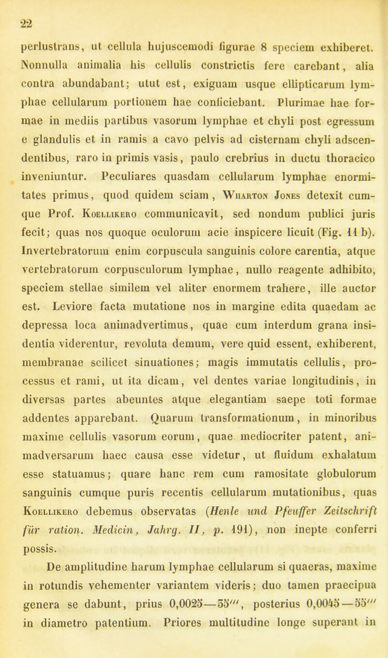 perlustrans, ut cellula hujuscemodi figurae 8 speciem exhiberet. Nonnulla animalia his cellulis constrictis fere carebant, alia contra abundabant; utut est, exiguam usque ellipticarum lym- phae cellularum portionem hae conficiebant. Plurimae hae for- mae in mediis partibus vasorum lymphae et chyli post egressum e glandulis et in ramis a cavo pelvis ad cisternam chyli adscen- dentibus, raro in primis vasis, paulo crebrius in ductu thoracico inveniuntur. Peculiares quasdam cellularum lymphae enormi- tates primus, quod quidem sciam, Wiiarton Jones detexit cum- que Prof. Koellikero communicavit, sed nondum publici juris fecit; quas nos quoque oculorum acie inspicere licuit (Fig. 11 b). Invertebratorum enim corpuscula sanguinis colore carentia, atque vertebratorum corpusculorum lymphae, nullo reagente adhibito, speciem stellae similem vel aliter enormem trahere, ille auctor est. Leviore facta mutatione nos in margine edita quaedam ac depressa loca animadvertimus, quae cum interdum grana insi- dentia viderentur, revoluta demum, vere quid essent, exhiberent, membranae scilicet sinuationes; magis immutatis cellulis, pro- cessus et rami, ut ita dicam, vel dentes variae longitudinis, in diversas partes abeuntes atque elegantiam saepe toti formae addentes apparebant. Quarum transformationum, in minoribus maxime cellulis vasorum eorum, quae mediocriter patent, ani- madversarum haec causa esse videtur, ut fluidum exhalatum esse statuamus; quare hanc rem cum ramositate globulorum sanguinis cumque puris recentis cellularum mutationibus, quas Koellikero debemus observatas (Henle unci Pfeuffer Zeitschrift fur ration. Medicin, Jahrg. II, p. 191), non inepte conferri possis. De amplitudine harum lymphae cellularum si quaeras, maxime in rotundis vehementer variantem videris; duo tamen praecipua genera se dabunt, prius 0,0023—55v, posterius 0,0043 — 33' in diametro patentium. Priores multitudine longe superant in