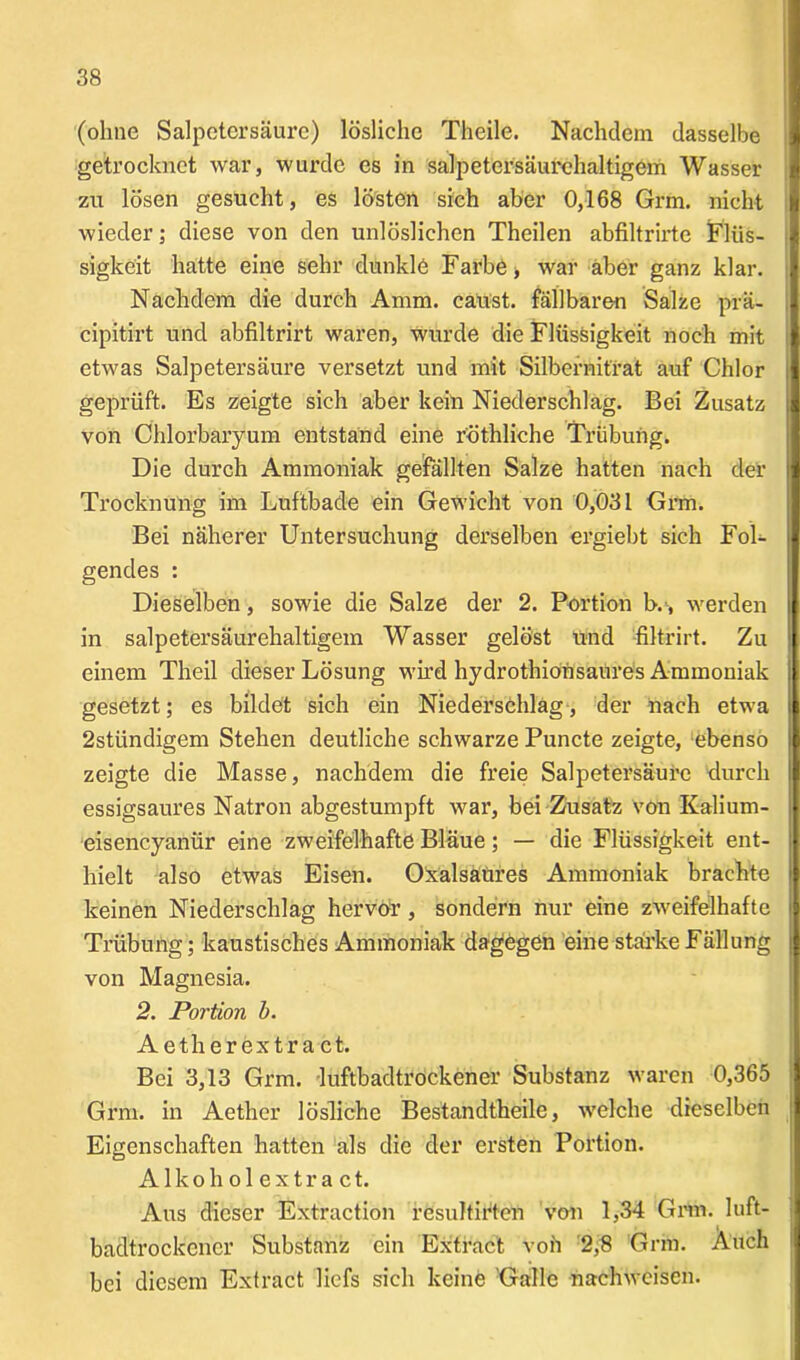 (ohne Salpetersäure) lösliche Theile. Nachdem dasselbe getrocknet war, wurde es in salpetersäurehaltigem Wasser zu lösen gesucht, es lösten sich aber 0,168 Grm. nicht wieder; diese von den unlöslichen Theilen abfiltrirte Flüs- sigkeit hatte eine sehr dunkle Farbe > war aber ganz klar. Nachdem die durch Amm. caüst. fällbaren Salze prä- cipitirt und abfiltrirt waren, wurde die Flüssigkeit noch mit etwas Salpetersäure versetzt und mit Silbernit'rat auf Chlor geprüft. Es zeigte sich aber kein Niederschlag. Bei Zusatz von Chlorbaryum entstand eine röthliche Trübung. Die durch Ammoniak gefällten Salze hatten nach der Trocknung im Luftbade ein Gewicht von 0,031 Grm. Bei näherer Untersuchung derselben ergiebt sich Fol- gendes : Dieselben, sowie die Salze der 2. Portion b., werden in salpetersäurehaltigem Wasser gelöst Und filtrirt. Zu einem Theil dieser Lösung wird hydrothiönsaures Ammoniak gesetzt; es bildet sich ein Niederschlag, der nach etwa 2stiindigem Stehen deutliche schwarze Puncte zeigte, ebenso zeigte die Masse, nachdem die freie Salpetersäure durch essigsaures Natron abgestumpft war, bei Zusatz von Kalium- eisencyanür eine zweifelhafte Bläue; — die Flüssigkeit ent- hielt also etwas Eisen. Oxalsäüres Ammoniak brachte keinen Niederschlag hervor, sondern nur eine zweifelhafte Trübung; kaustisches Ammoniak dagegen eine starke Fällung von Magnesia. 2. Portion b. Aetherextra et. Bei 3,13 Grm. luftbadtrockener Substanz waren 0,365 Grm. in Aether lösliche Bestandtheile, welche dieselben Eigenschaften hatten als die der ersten Portion. Alkoholextract. Aus dieser Extraction resultirten von 1,34 Grm. luft- badtrockener Substanz ein Extract von 2,8 Grm. Auch bei diesem Extract liefs sich keine Galle nachwcisen.