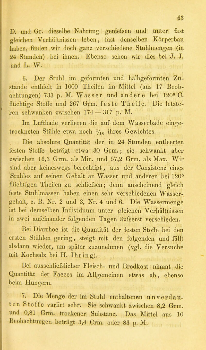 D. und Gr. dieselbe Nahrung geniefsen und unter fast gleichen Verhältnissen leben, fast denselben Körperbau haben, finden wir doch ganz verschiedene Stuhlmengen (in 24 Stunden) bei ihnen. Ebenso sehen wir dies bei J. J. und L. W. 6. Der Stuhl im geformten und halbgeformten Zu- stande enthielt in 1000 Theilen im Mittel (aus 17 Beob- achtungen) 733 p. M. Wasser und andere bei 120° C. flüchtige Stoffe und 267 Grm. feste Theile. Die letzte- ren schwanken zwischen 174 — 317 p. M. Im Luftbade verlieren die auf dem Wasserbade einge- trockneten Stühle etwa noch '/10 ihres Gewichtes. Die absolute Quantität der in 24 Stunden entleerten festen Stoffe beträgt etwa 30 Grm.; sie schwankt aber zwischen 16,3 Grm. als Min. und 57,2 Grm. als Max. Wir sind aber keineswegs berechtigt, aus der Consistenz eines Stuhles auf seinen Gehalt an Wasser und anderen bei 120° flüchtigen Theilen zu schliefsen; denn anscheinend gleich feste Stuhlmassen haben einen sehr verschiedenen Wasser- gehalt, z. B. Nr. 2 und 3, Nr. 4 und 6. Die Wassermenge ist bei demselben Individuum unter gleichen Verhältnissen in zwei aufeinander folgenden Tagen äufserst verschieden. Bei Diarrhoe ist die Quantität der festen Stoffe bei den ersten Stühlen gering, steigt mit den folgenden und fällt alsdann wieder, um später zuzunehmen (vgl. die Versuche mit Kochsalz bei H. Ihring). Bei ausscldiefslicher Fleisch- und Brodkost nimmt die Quantität der Faeces im Allgemeinen etwas ab, ebenso beim Hungern. 7. Die Menge der im Stuhl enthaltenen unverdau- ten Stoffe variirt sehr. Sie schwankt zwischen 8,2 Grm. und 0,81 Grm. trockener Substanz. Das Mittel aus 10 Beobachtungen beträgt 3,4 Grm. oder 83 p. M.